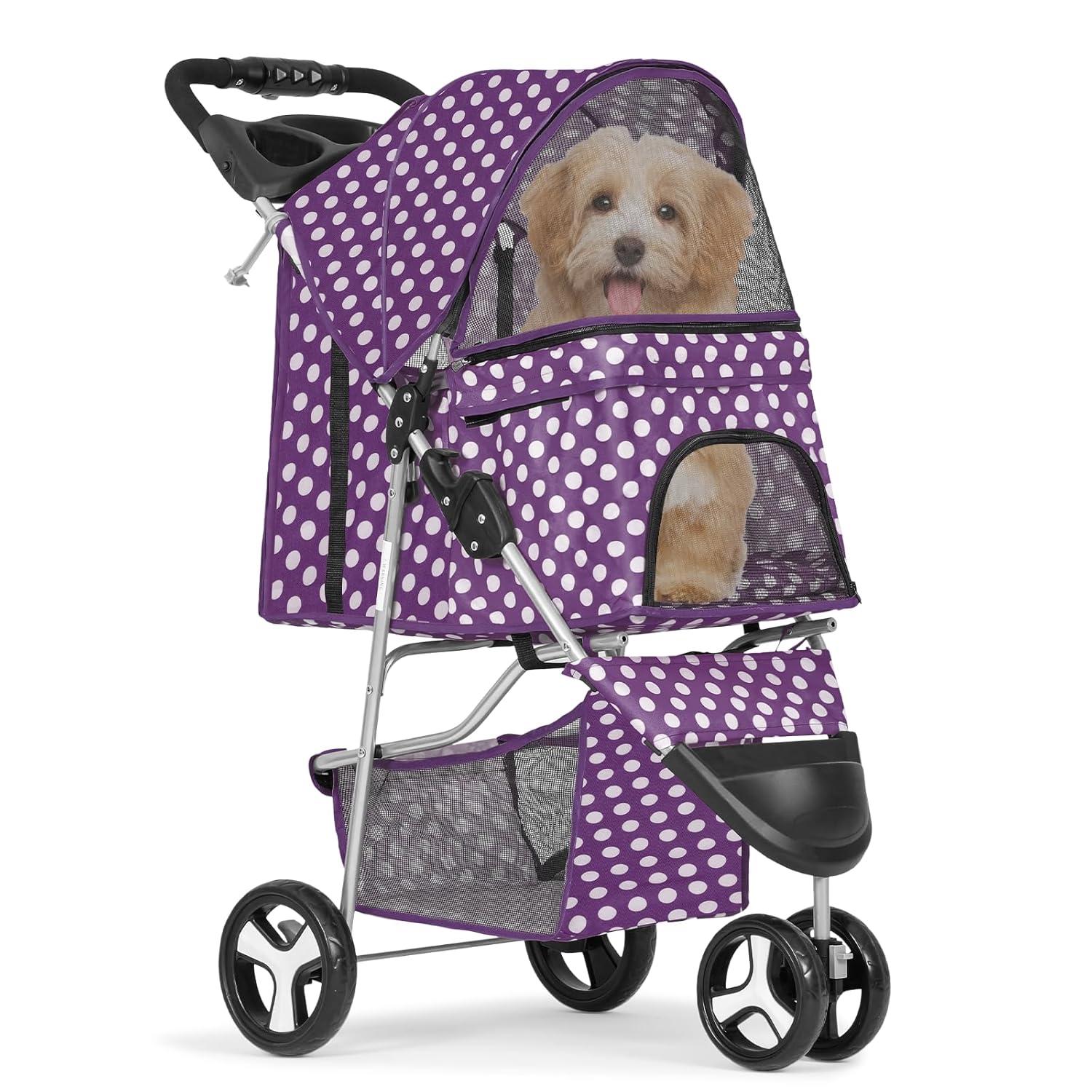 MoNiBloom 3 Wheel Folding Pet Dog Stroller, Foldable Lightweight Trolley with Storage Basket, Cup Holder and 360° Rotating Front Wheel for Small Medium Dogs, Purple with White Polka Dots