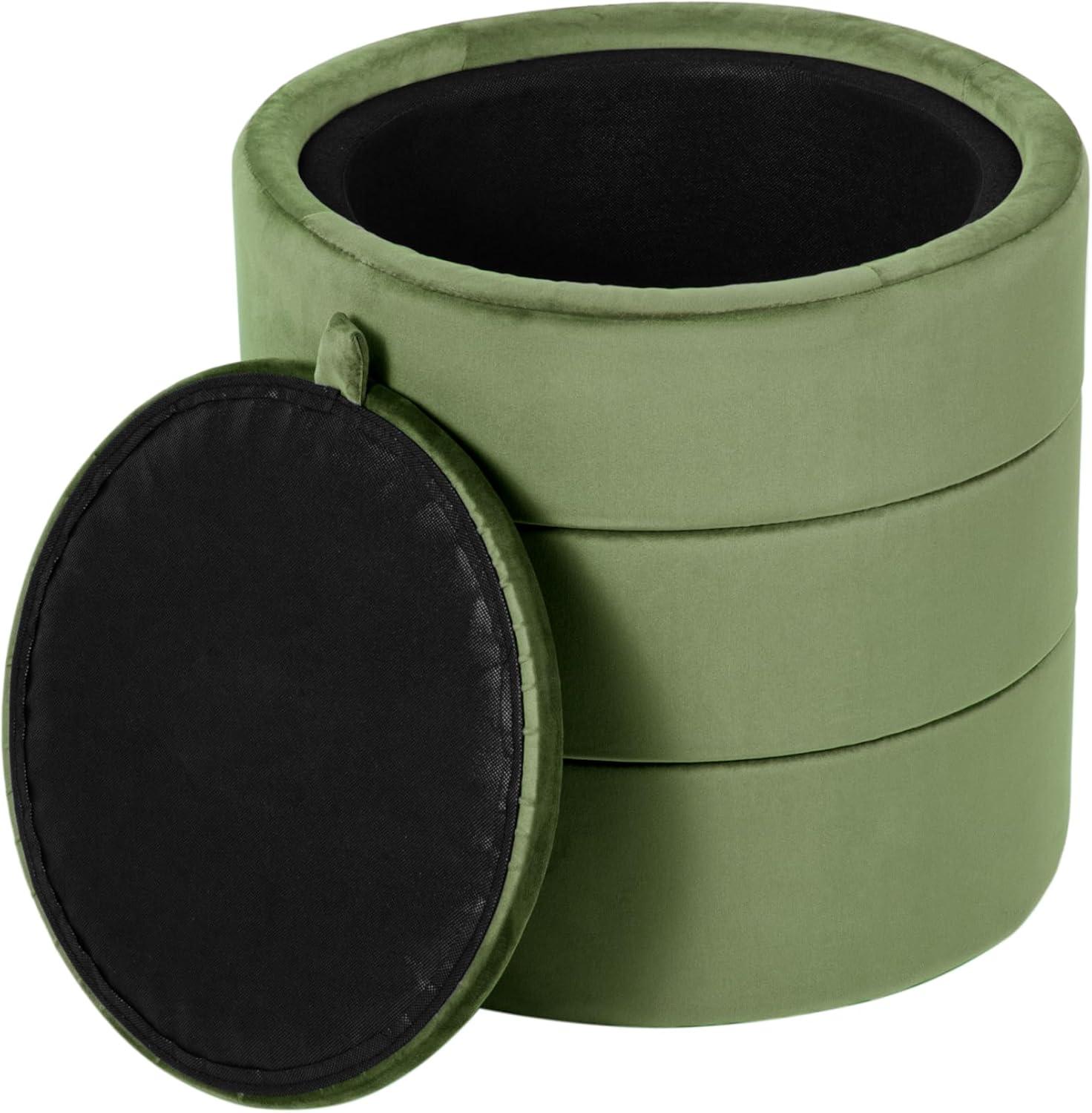 Storage Round Ottoman Green Velvet - HomePop: Upholstered Footstool, No Assembly, Polyester