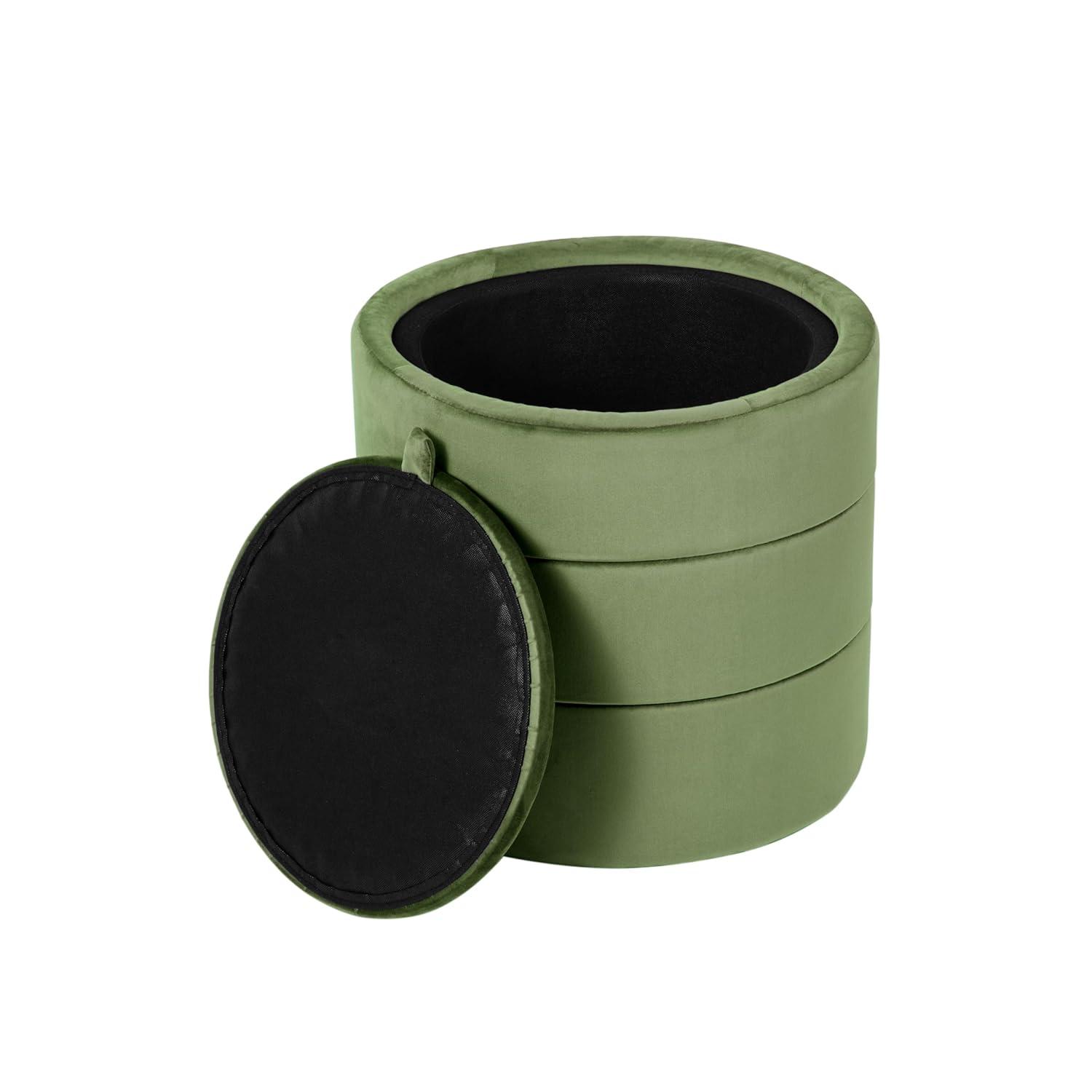 Storage Round Ottoman Green Velvet - HomePop: Upholstered Footstool, No Assembly, Polyester