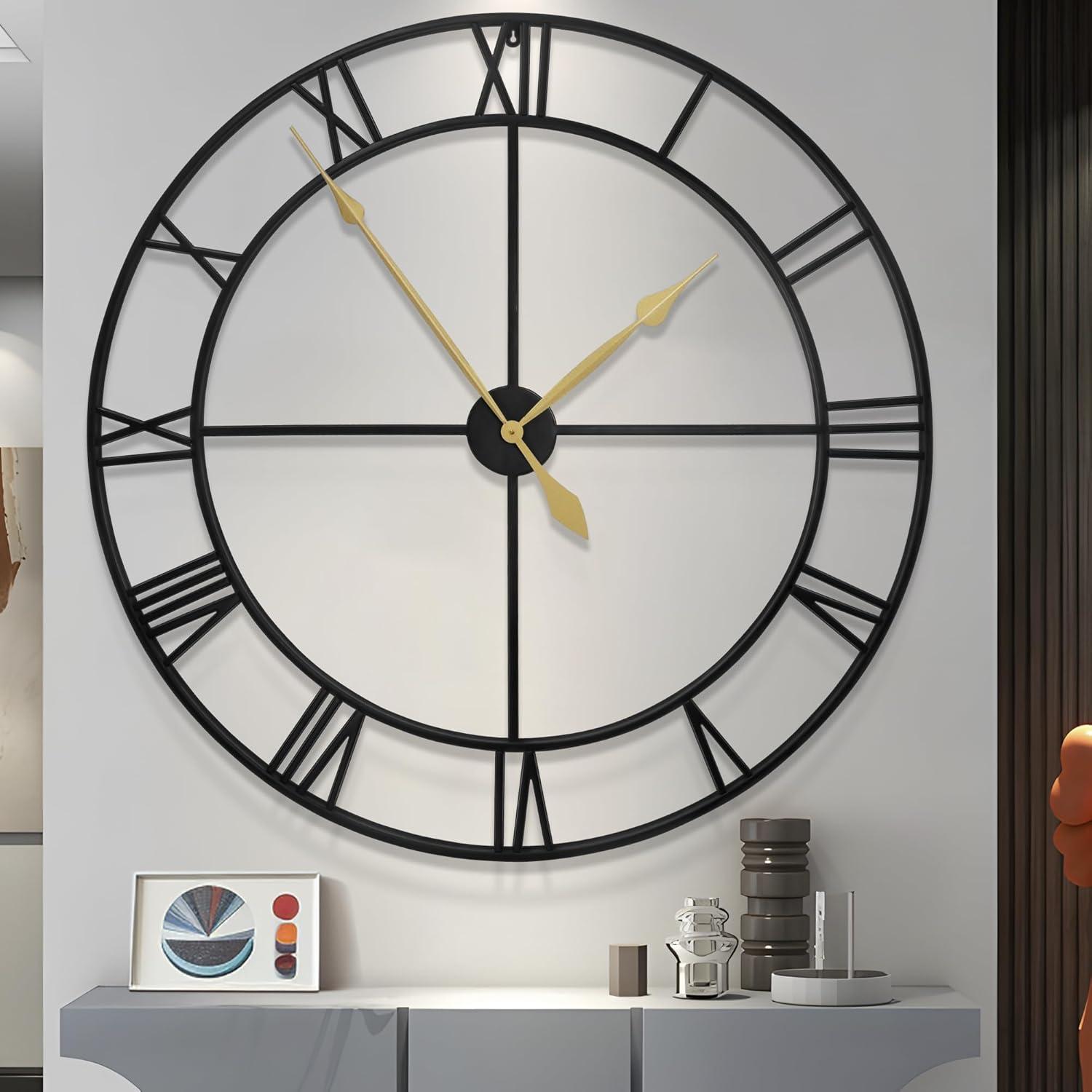 Large Vintage Round Metal Wall Clock Silent Non Ticking Battery Operated Black Roman Numerals Clocks For Living Room Bedroom Kitchen Decoration