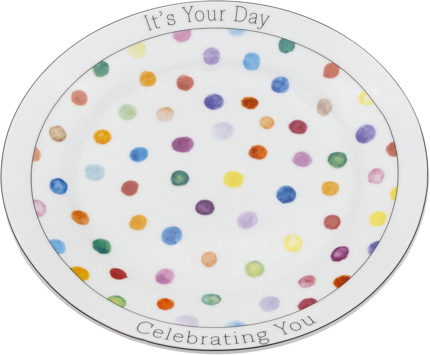 Colorful Polka Dot Ceramic Celebration Plate with Script