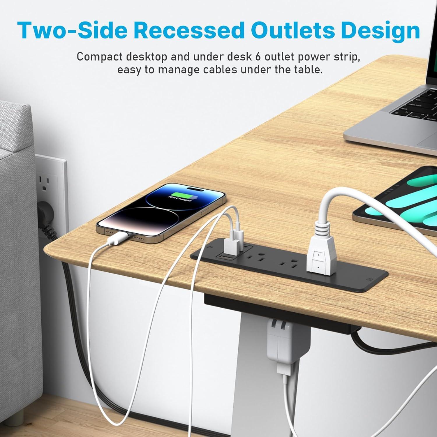 Black Recessed Power Strip with USB C Port for Desk or Table