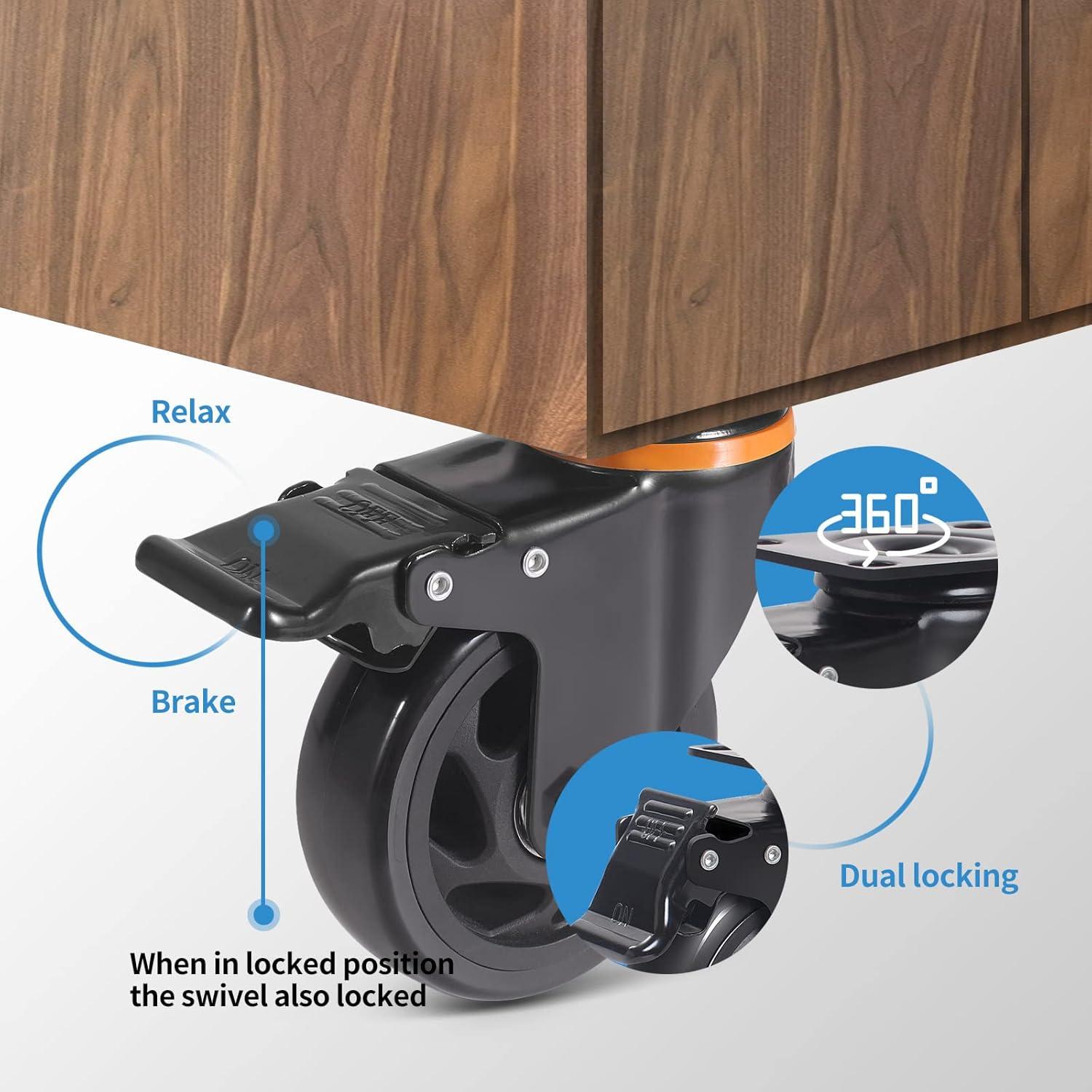 5 Inch Caster Wheels 2400Lbs, Castors Set of 4, Heavy Duty Casters with Brake, Safety Dual Locking Industrial Casters, No Noise Wheels with Polyurethane Foam (Two Hardware Kits Included)