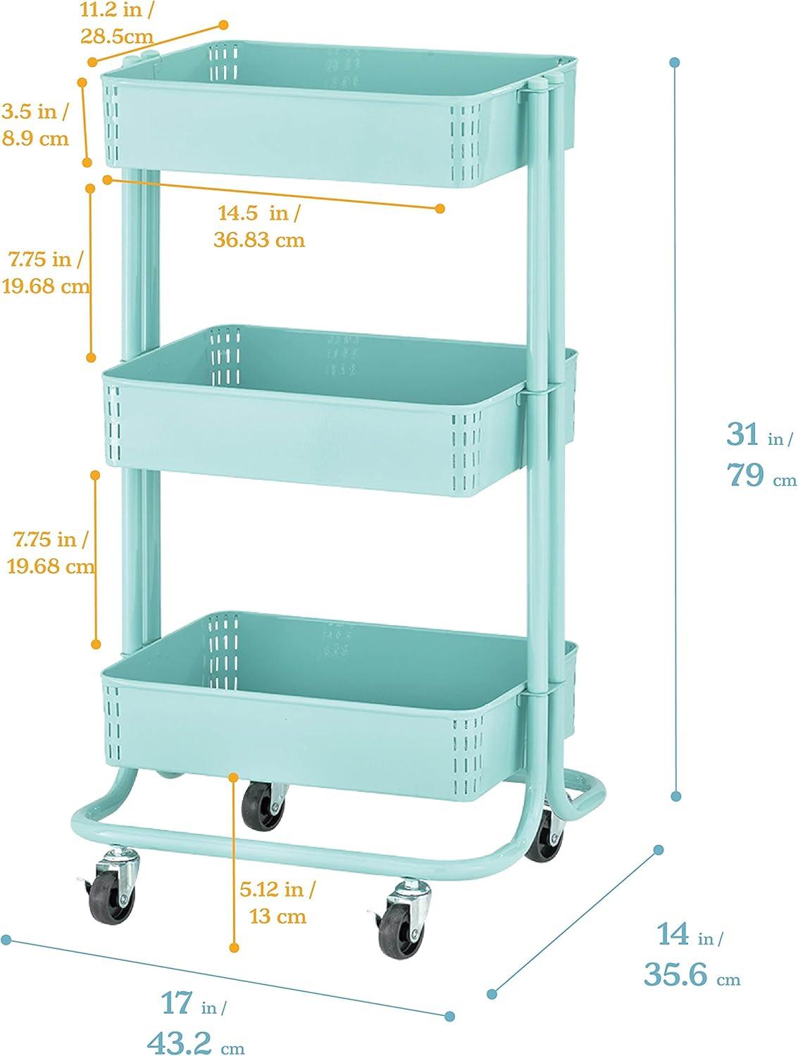 Teal 3-Tier Metal Rolling Utility Cart with Mesh Baskets