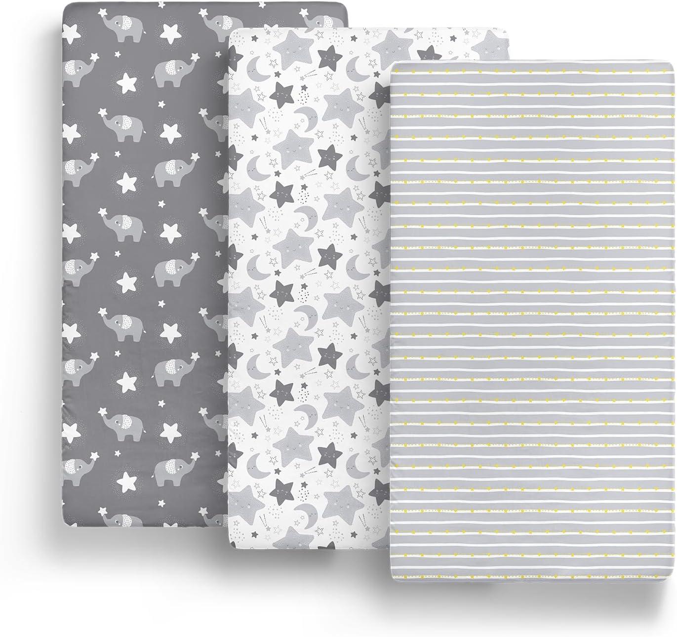 The Peanutshell Pack n Play, Mini Crib, Portable Crib or Fitted Playard Sheets for Baby Boy or Girl, Celestial Elephant, 3 Pack Set