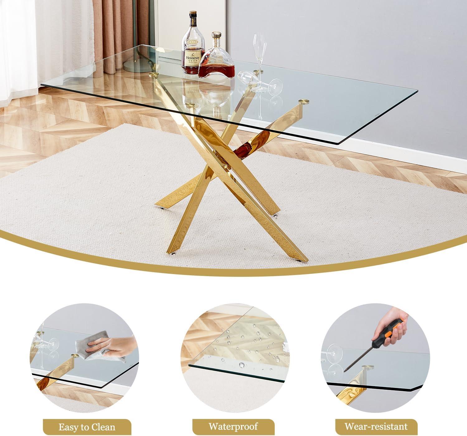 63'' Gold Glass Rectangular Dining Table with Metal Cross Legs