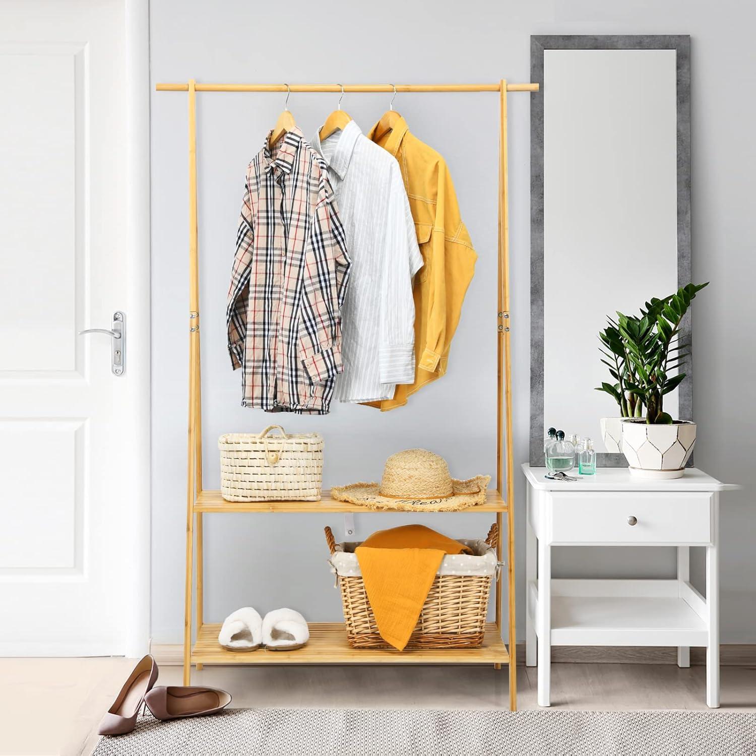 Natural Bamboo Freestanding Garment Rack with 2-Tier Shelves