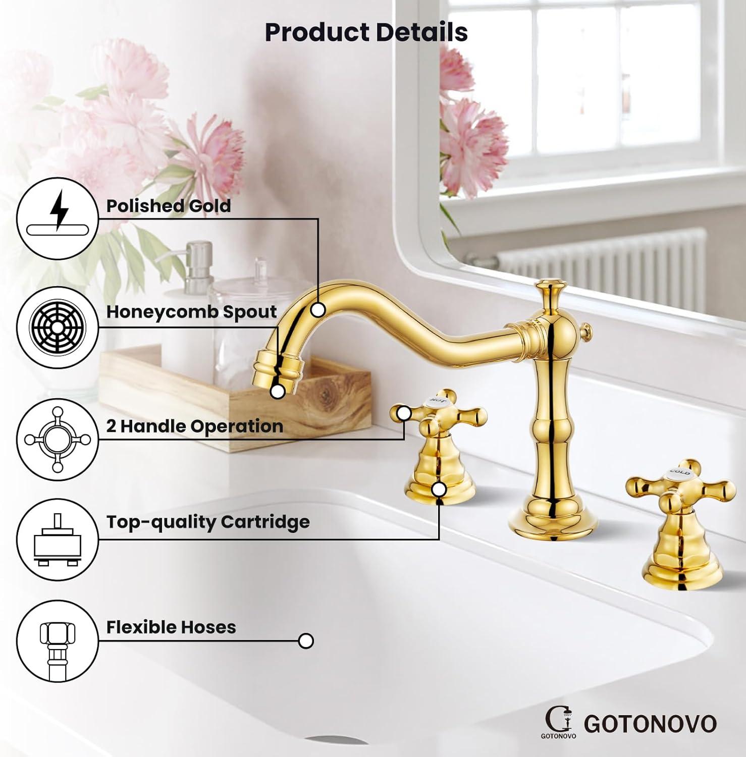 GGStudy 8-16 inch Two Handles 3 Holes Widespread Bathroom Sink Faucet Gold Basin Mixer Tap Faucet Matching Metal Pop Up Drain with Overflow