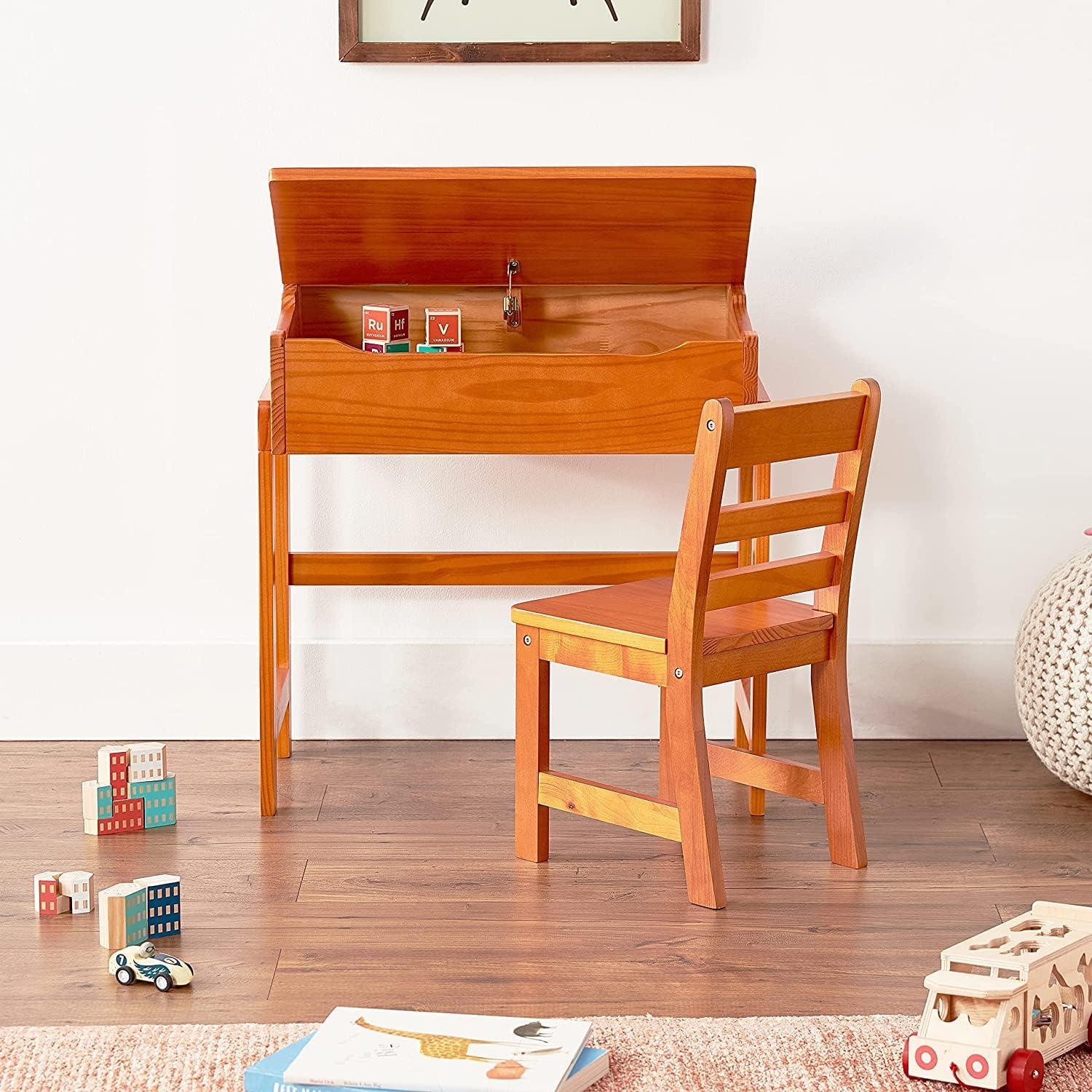 Pecan Wood Slanted Top Desk and Chair Set