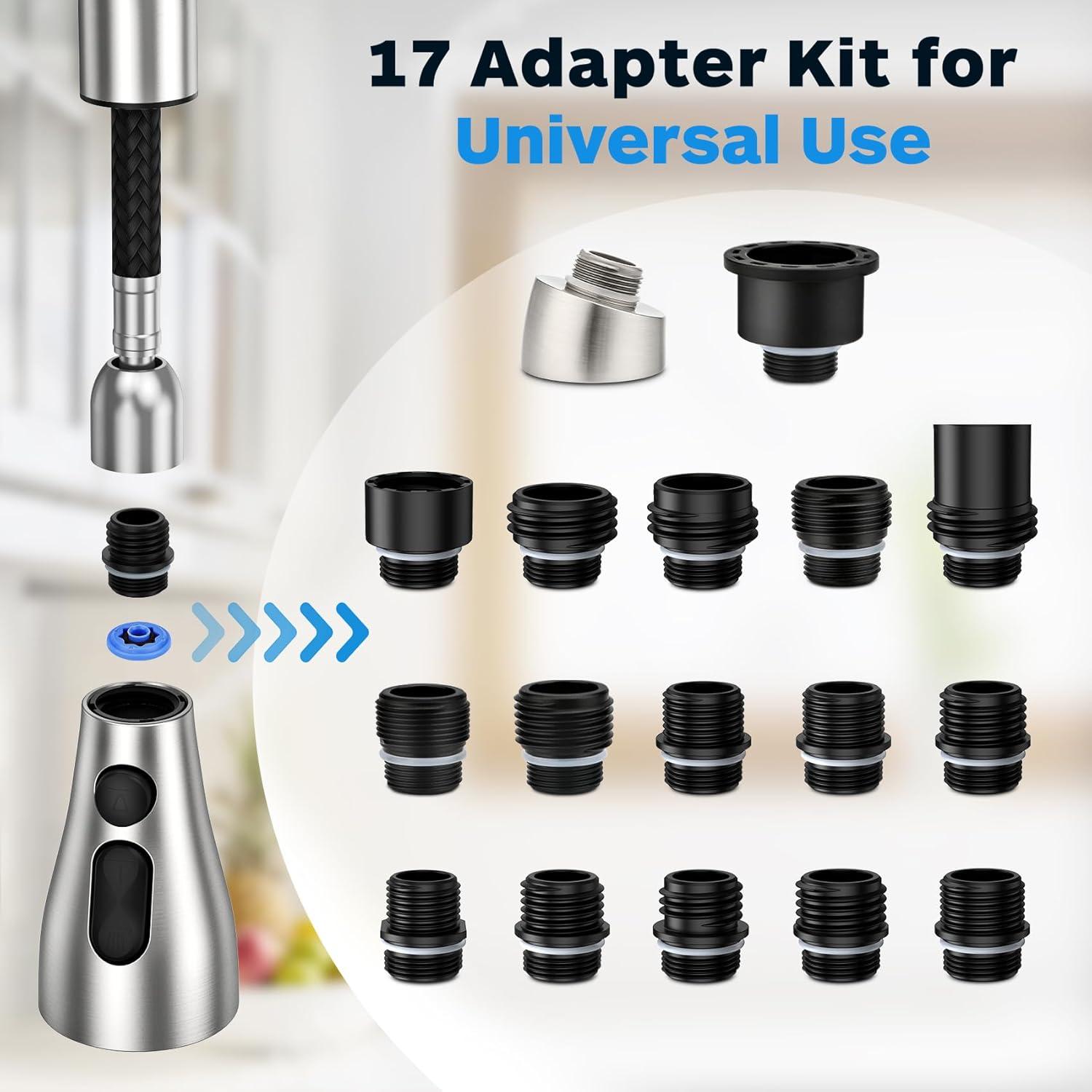 2024 New Pull Down Kitchen Faucet Head Replacement for Kitchen Faucet, 3-Modes & 7 Adapters Brushed Nickel Finished