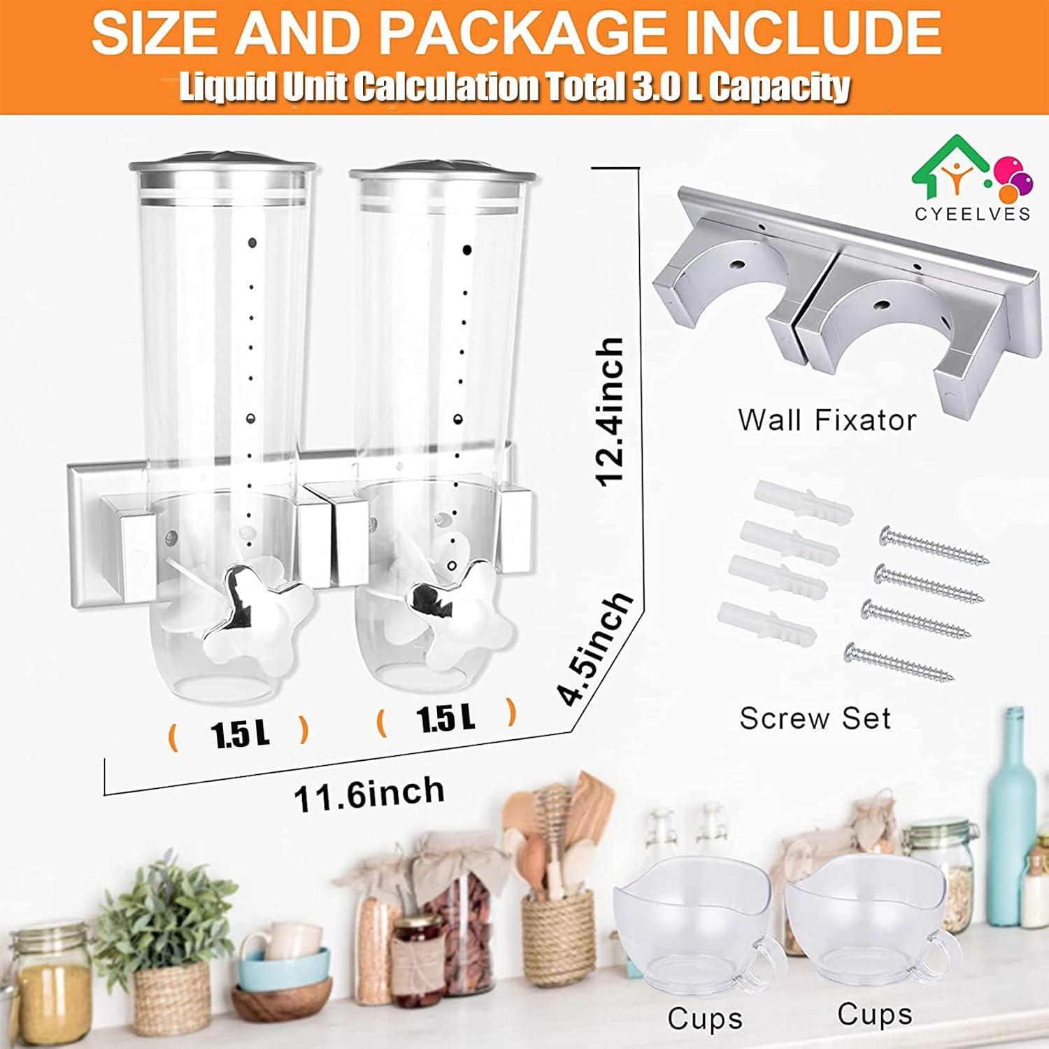 Cereal Dispenser Wall Mounted, Large Dry Food Dispenser with Cup, Grains Dispenser Wall Mounted, Candy Dispenser Wall Mount for Store Food Coffee Beans Nuts Snacks, Kitchen Cereal Storage Container 3L