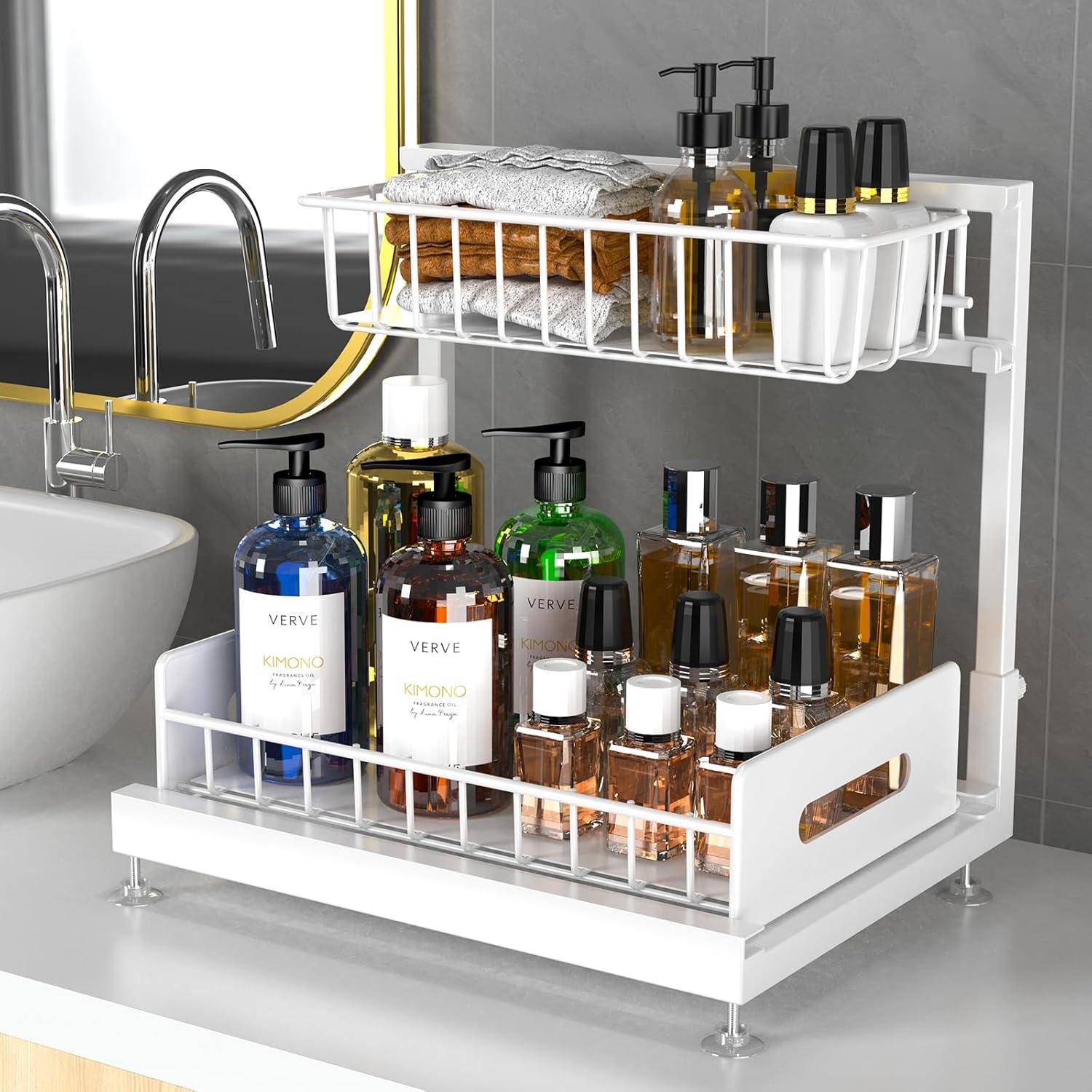 Delamu 2 Pack Under Sink Organizer and Storage, 2 Tier Pull Out Cabinet Organizer, Slide Out Under Sink Storage Shelf for Kitchen Bathroom, White