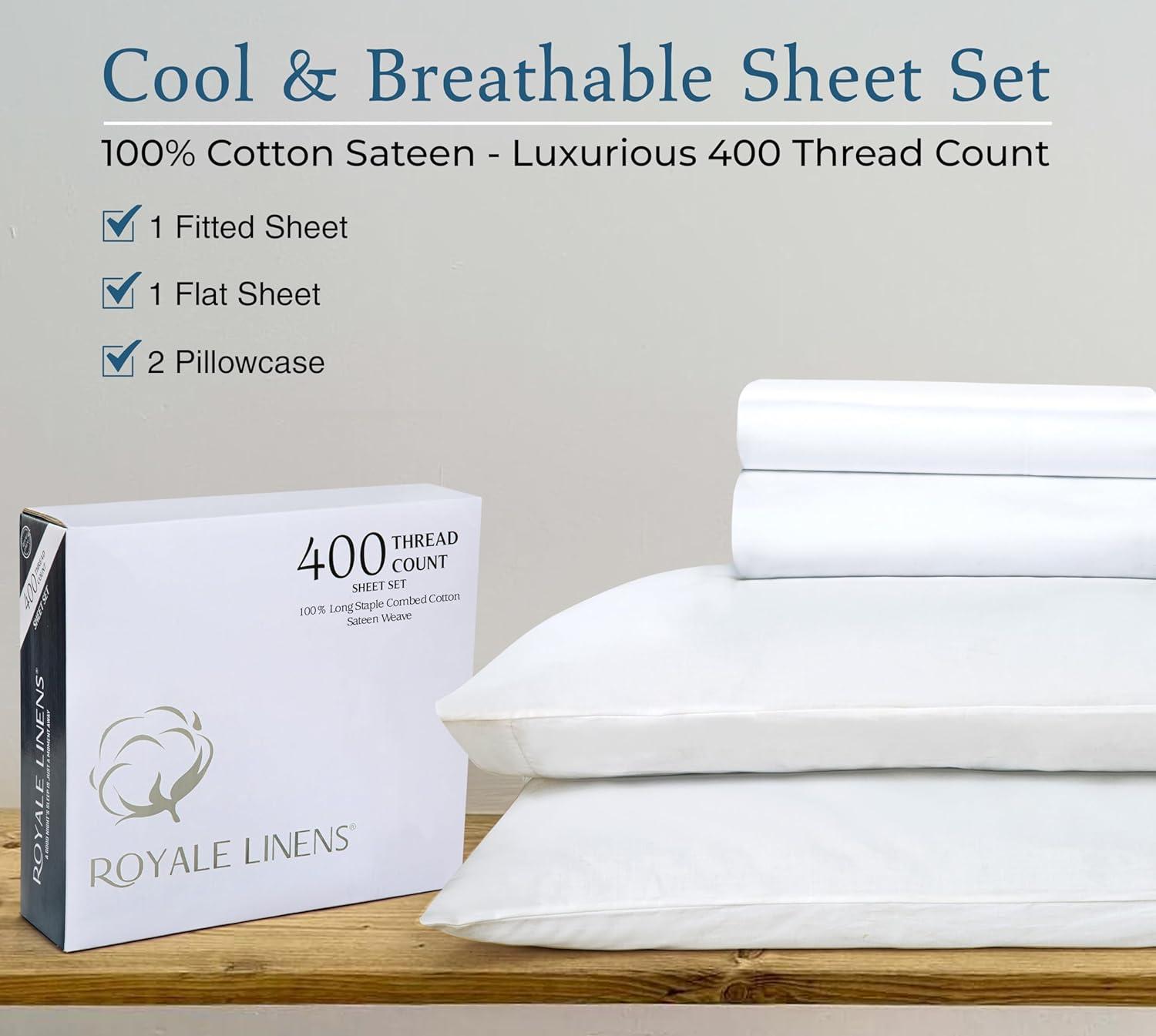 Royale Linens 400 Thread Count 100% American Grown Cotton 4 Piece Sateen Queen Sheet Set - 1 Fitted, 1 Flat Sheet, 2 Pillow case - True White Bedsheet Set - Cooling Cotton Sheets - (Queen, True White)