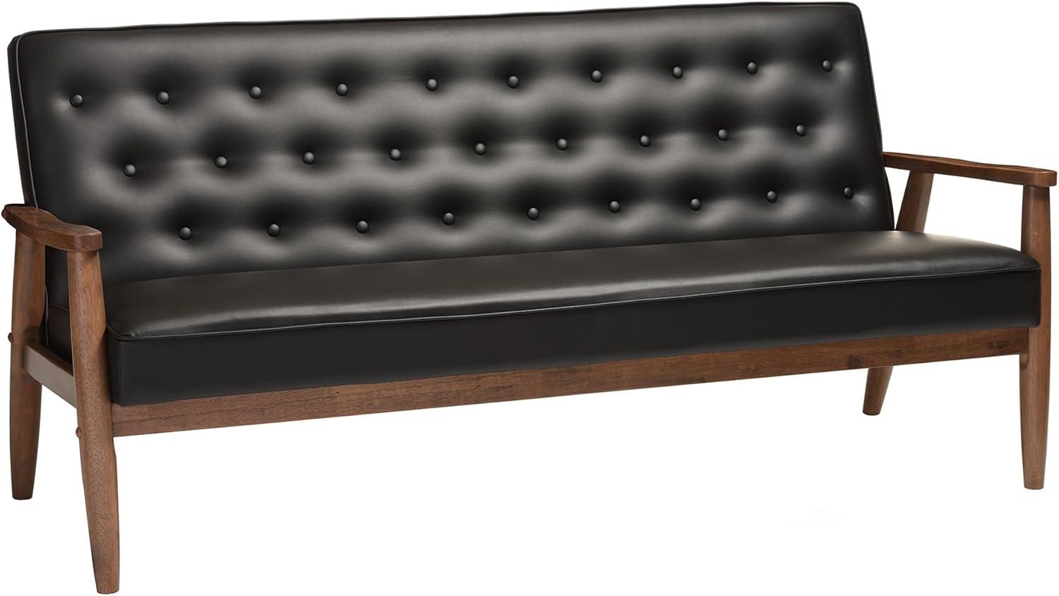 Mid-Century Modern Black Faux Leather Sofa with Tufted Back