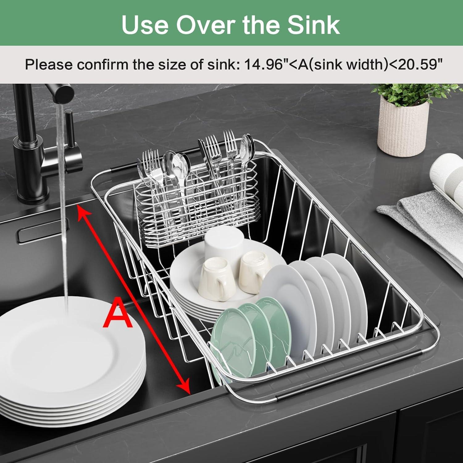 Small Dish Drainer Rack in Sink Adjustable, Expandable Stainless Steel Metal Dish Drying Rack Organizer with Stainless Steel Utensil Holder Over Inside Sink Counter, Rustproof(for 1-2 People)