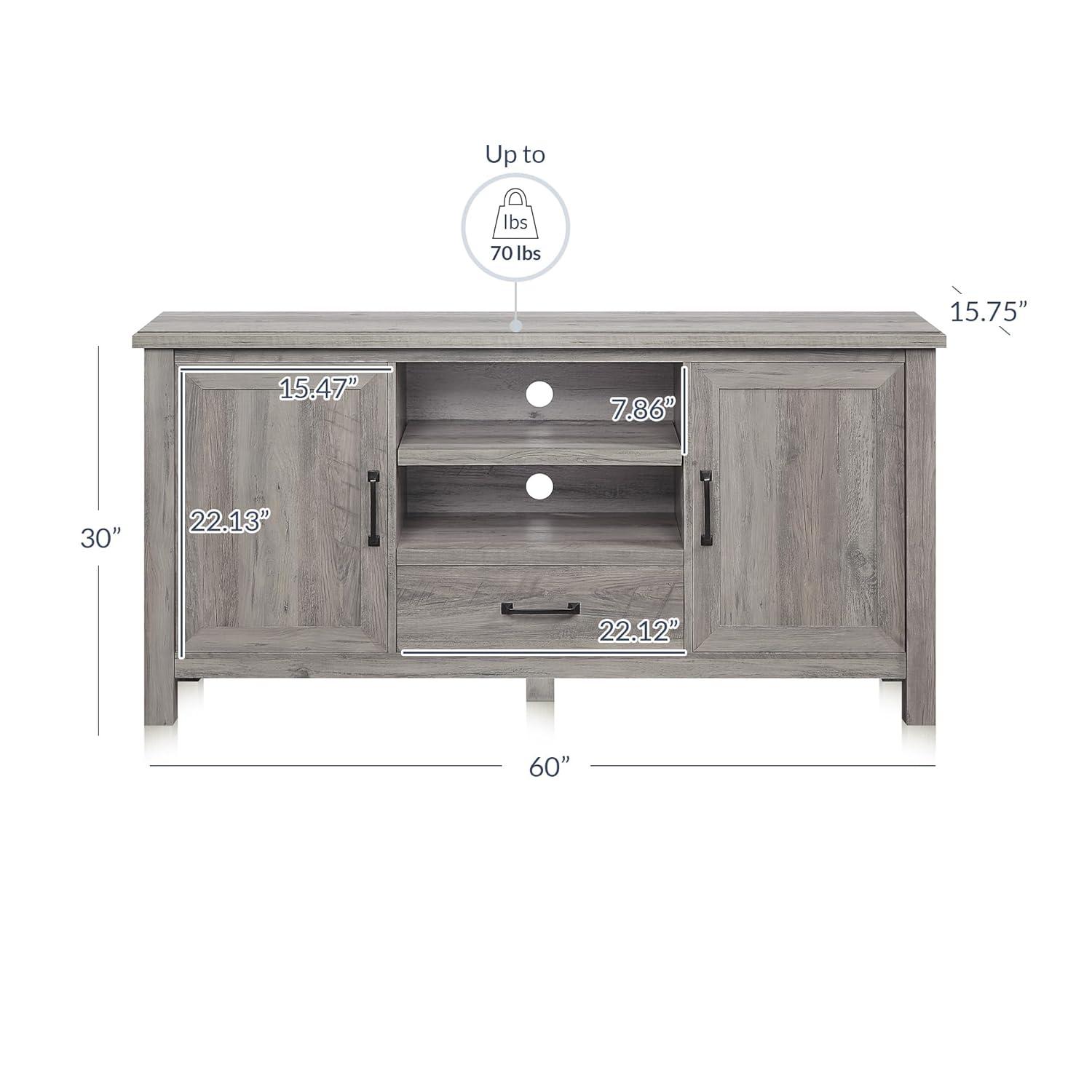 BELLEZE Modern 60 Inch Farmhouse TV Stand or Entertainment Center for TVs Up to 65 Inches, Sideboard Kitchen Buffet Storage Cabinet with Shelves and Storage - Virat (Gray Wash)