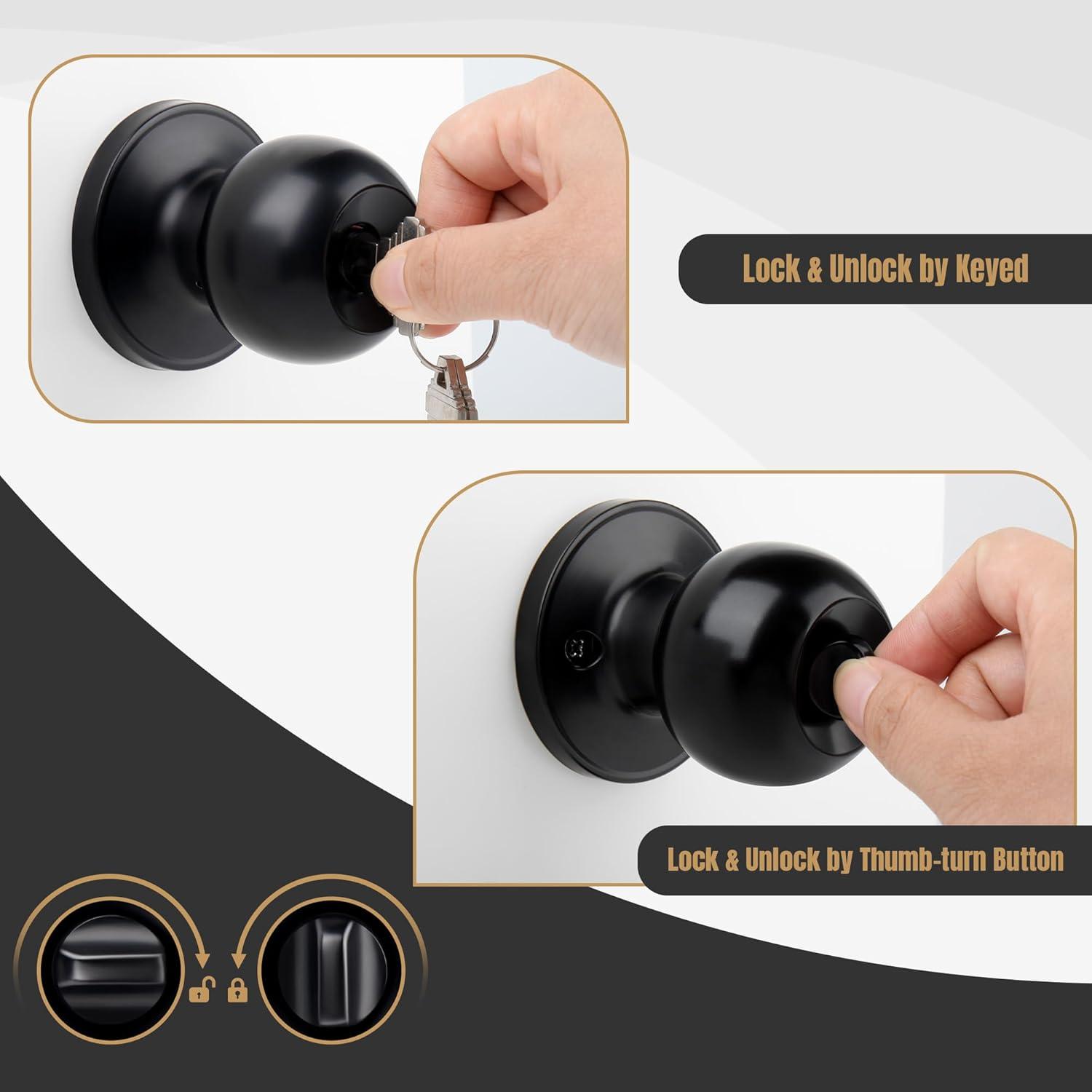 Brinks Keyed Entry Classic Ball Style Doorknob, Matte Black Finish