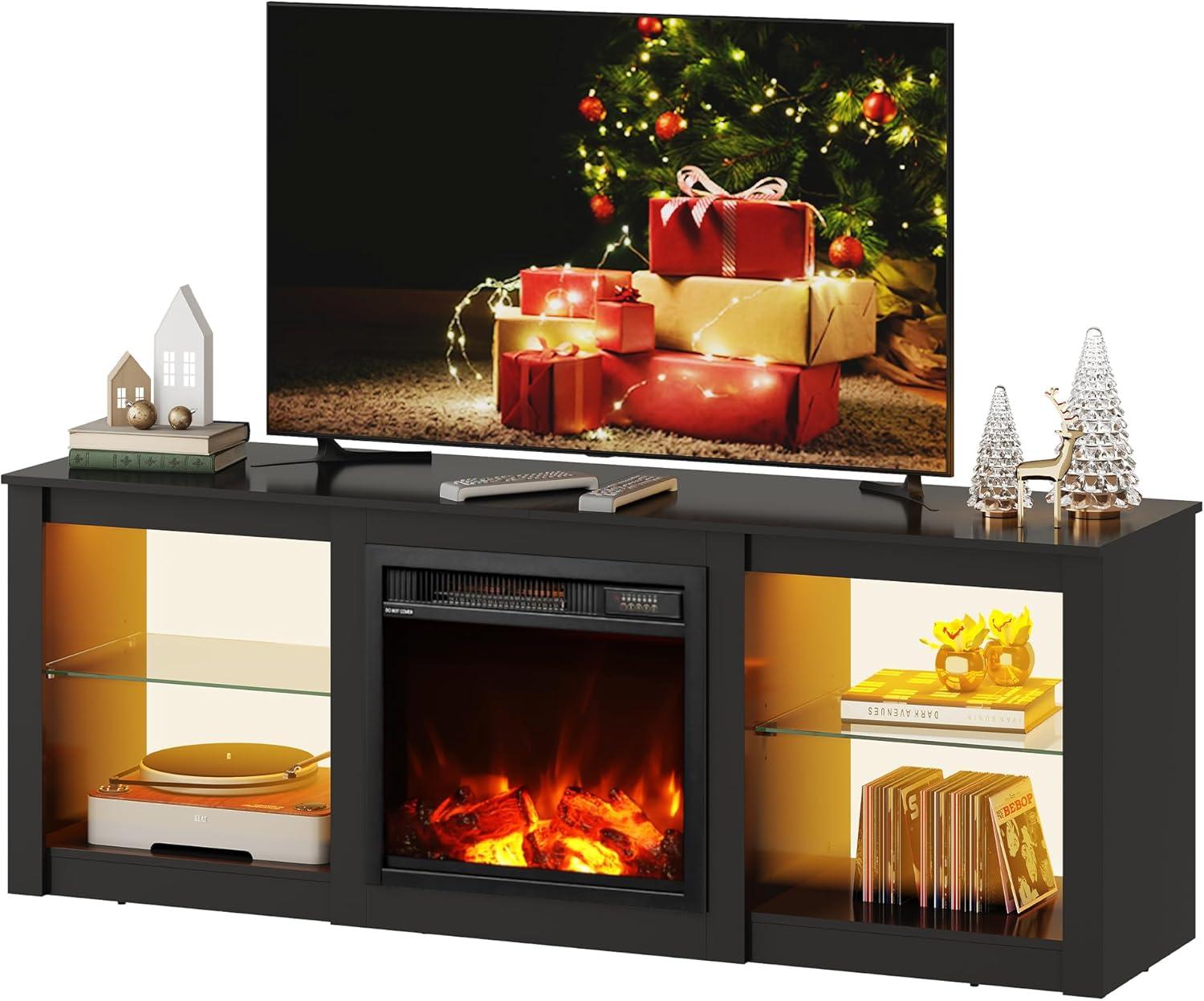 Fireplace TV Stand for TVs up to 65 inch, Electric Fireplace TV Console with LED Lights, Modern TV Stand for Living Room, Entertainment Console with Glass Shelves, Black