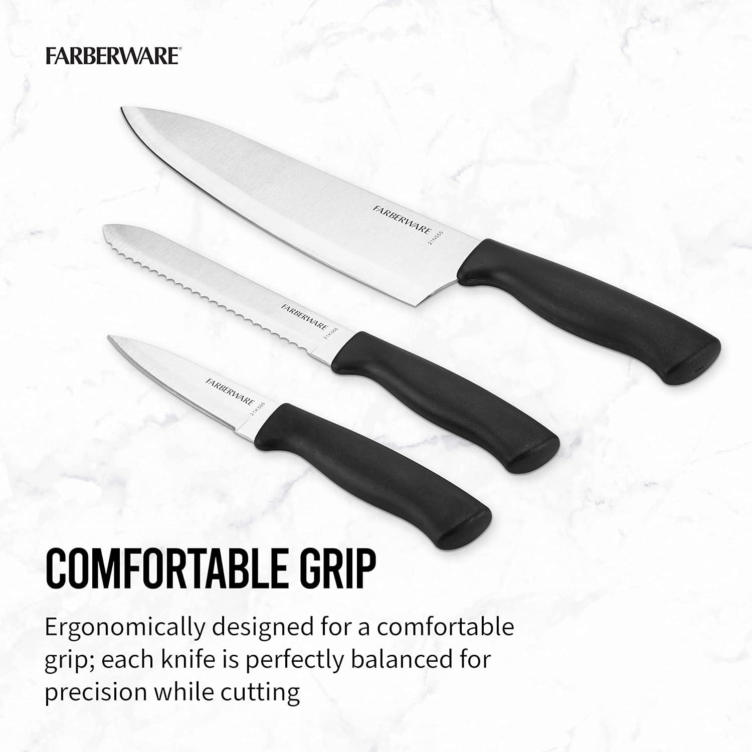 Farberware 3 Piece Chef Knife Set: Stainless Steel Kitchen Knives with Black Polypropylene Handles, Includes Paring & Utility