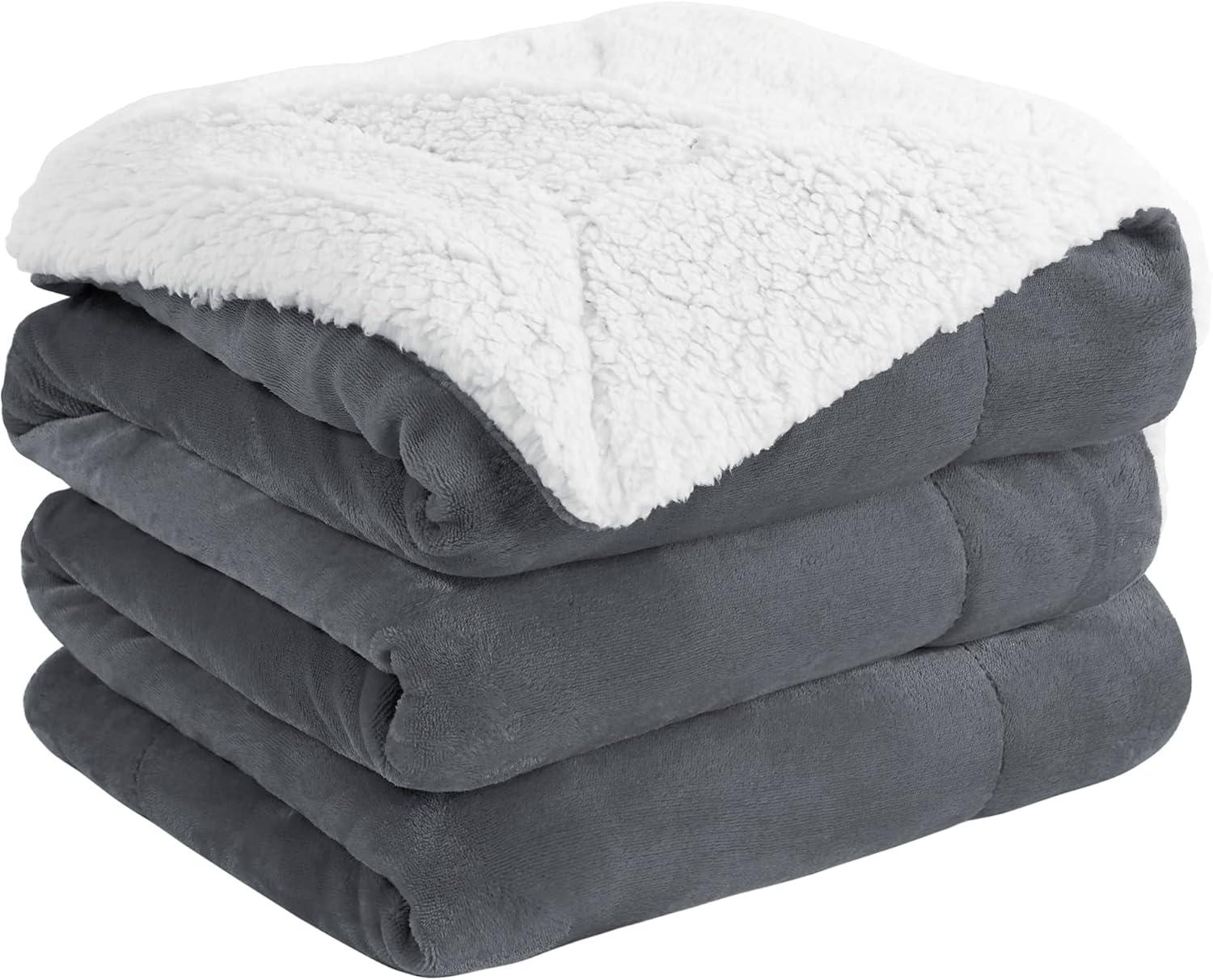 Dark Grey Reversible Sherpa Fleece Throw Blanket