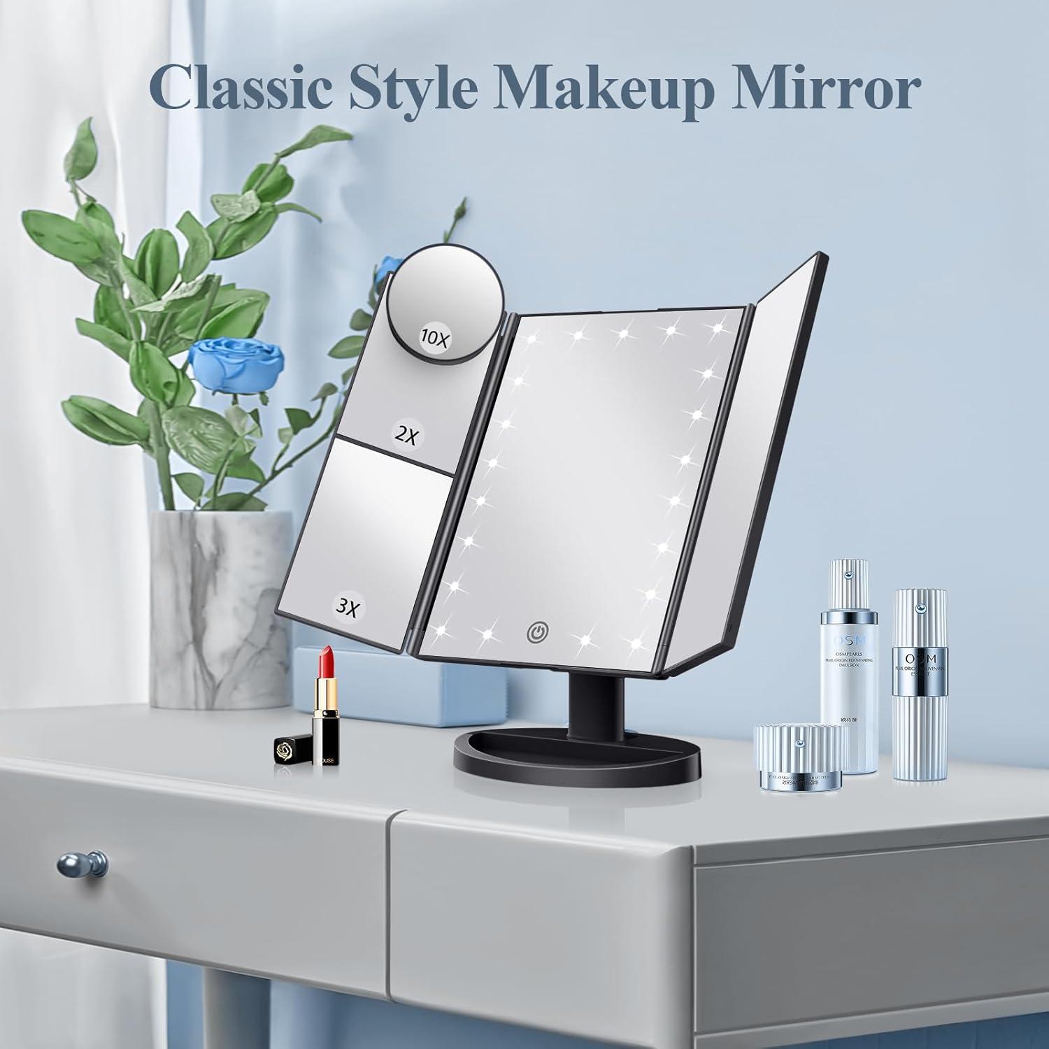 Makeup Mirror Vanity with Lights, 2X 3X 10X Magnification, Lighted Mirror, Touch Control, Trifold Dual Power Supply, Portable LED Women Gift (Black)