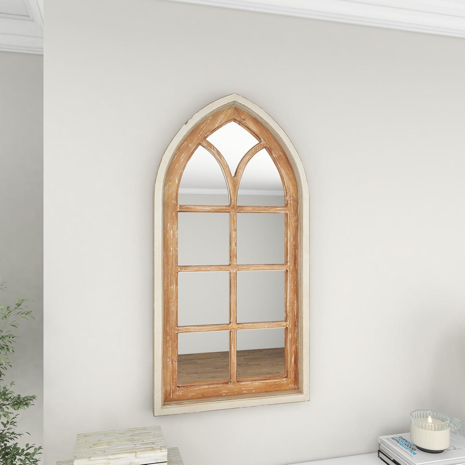 DecMode 26" x 35" Brown Arched Distressed Window Pane Wall Mirror