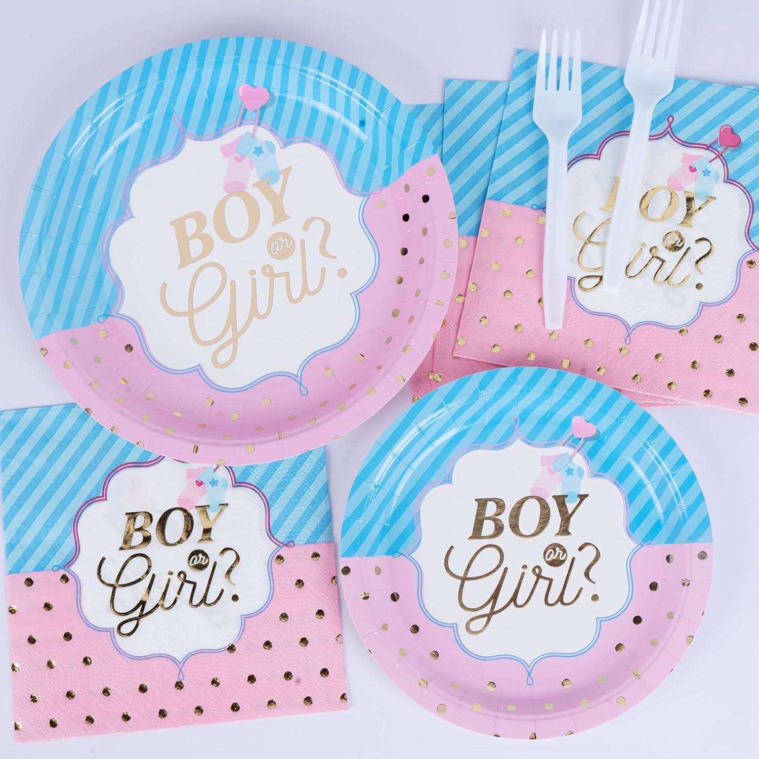 DECORLIFE Gender Reveal AJH3 Plates Serves 24, Boy or Girl Gender Reveal Party Supplies Includes Napkins and Forks for Baby Shower Reveal Party Decorations, Total 96PCS