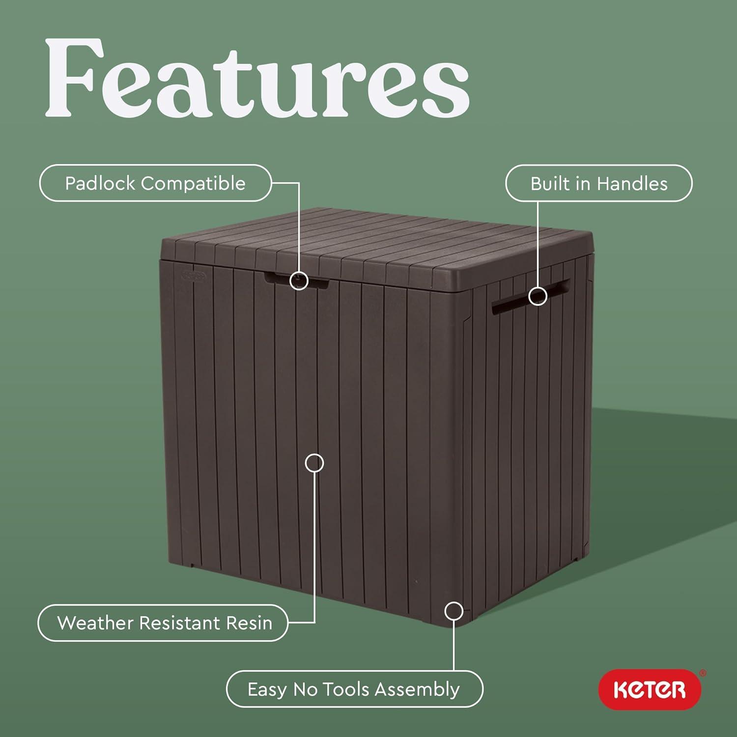 Keter 30gal City Resin Deck Box Brown: All-Weather Patio Bench & Bin Storage