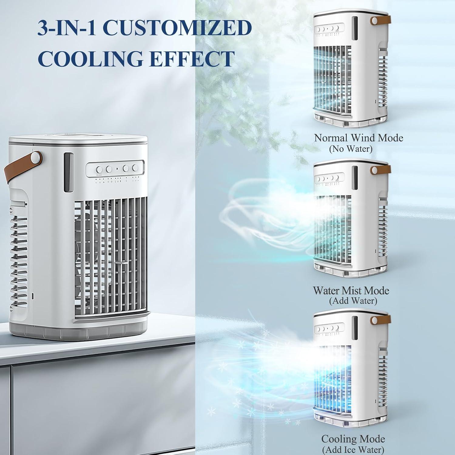 Portable Air Conditioners, 3-1 Mini Evaporative Air Cooler w/Remote, 1.2L Water Tank & 2 Ice Packs, 1-7H Timer, 5400mAh Battery With USB Charging, Personal Fan For Desktop Home Office Outdoors