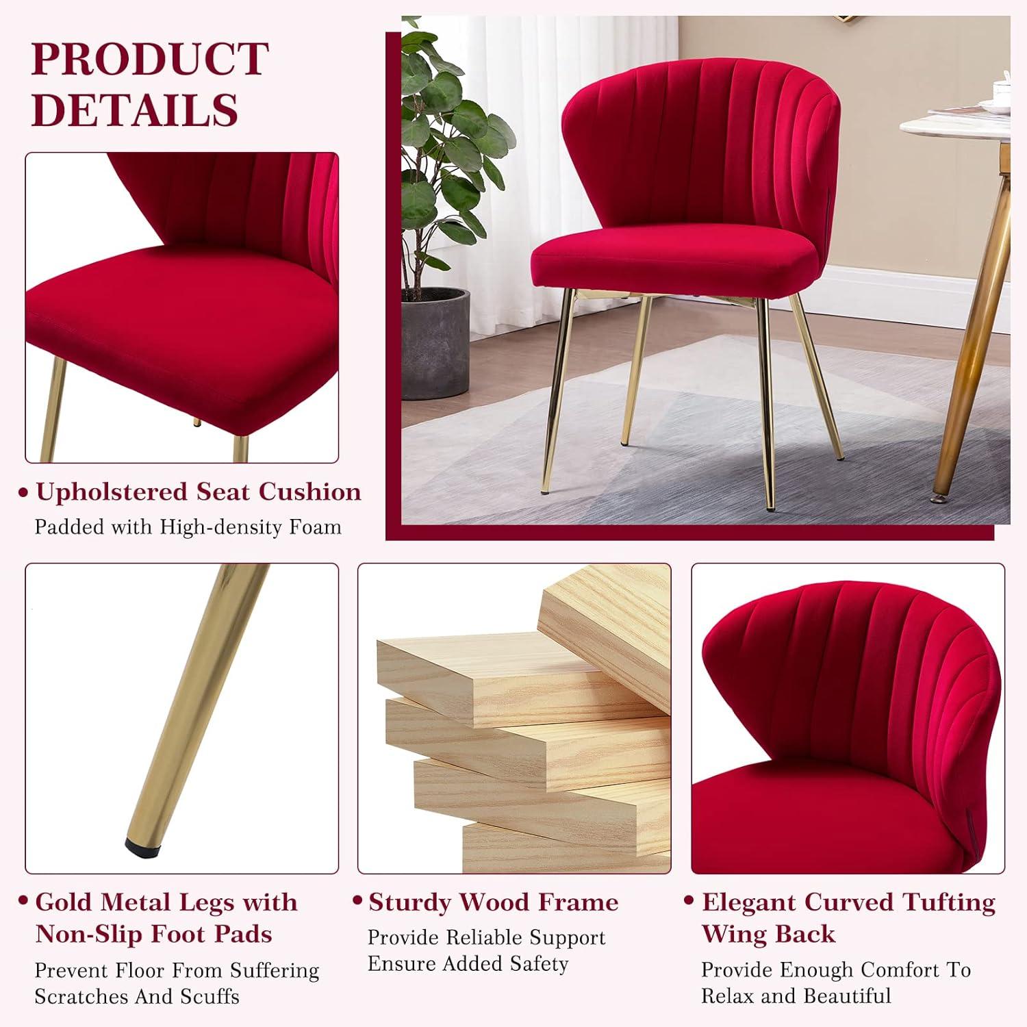 Velvet Wingback Accent Chair Upholstered Dining Chairs Tufted Gold Metal Legs Home Kitchen Living Room Red