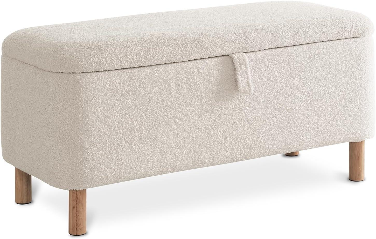 Storage Ottoman Bench with 250lb Seating, 39.5" Boucle Upholstered Entryway Bench with Wood Legs and Safety Hinge, Flip Top Foot Rest Long Stool for Sofa Couch Bedroom End of Bed, White