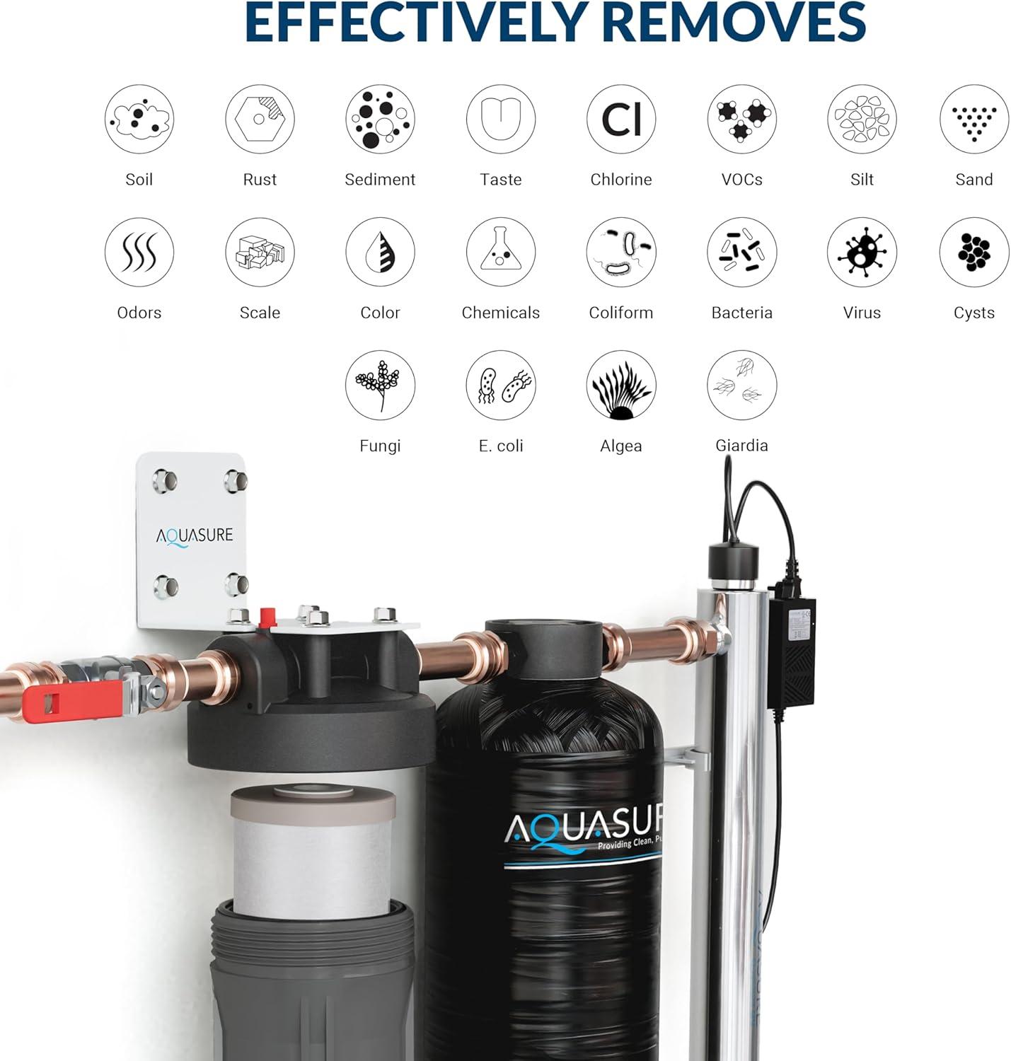 Aquasure 800K Gallons Whole House Salt-Free Water Conditioning/Descaler System with Triple Purpose Pre-Filter and 8 GPM UV Sterilizer