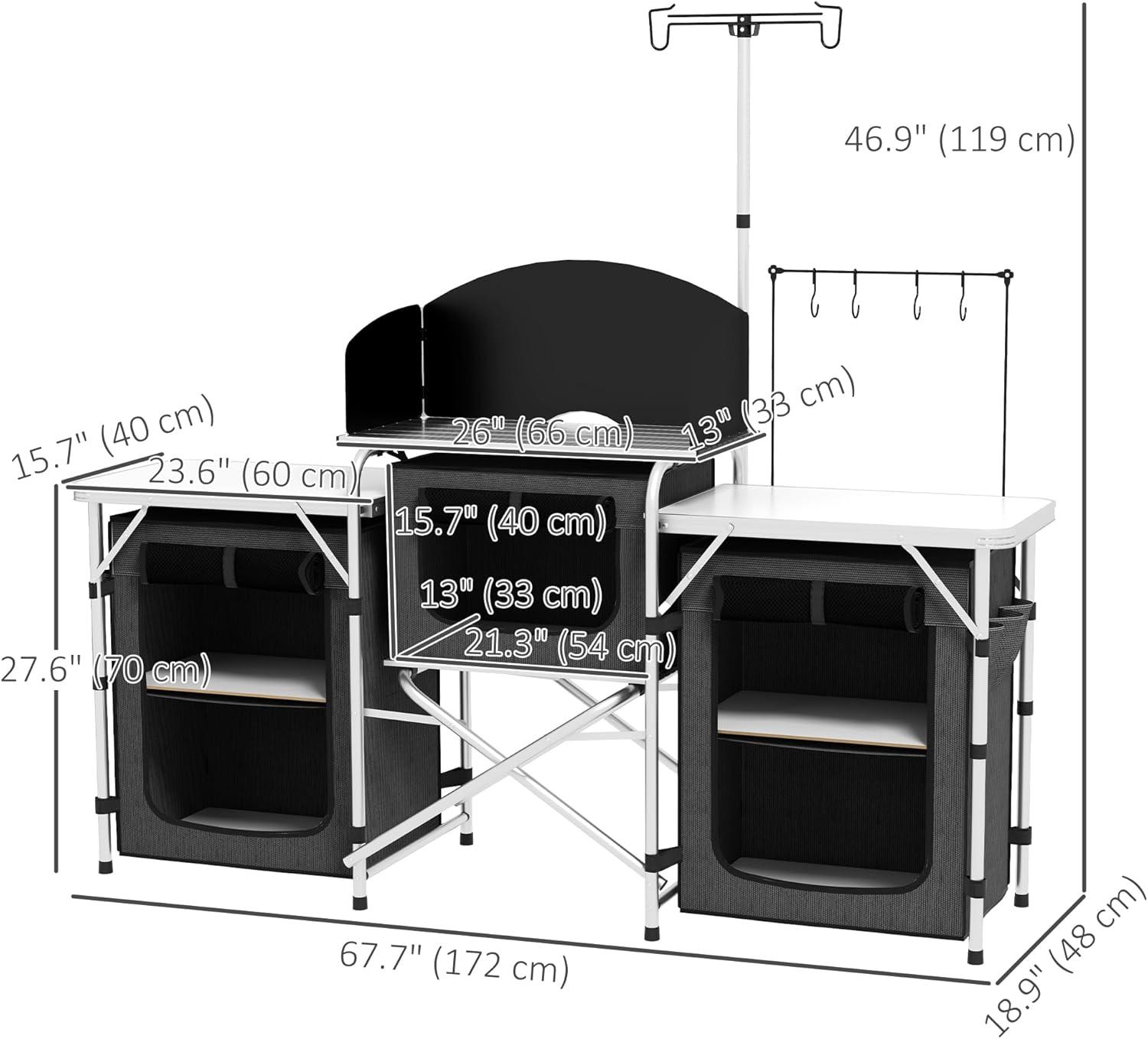 Outsunny Camping Kitchen Table, Portable Folding Camp Kitchen, Aluminum Cook Station with 3 Fabric Cupboards, Windshield, Carrying Bag, Black