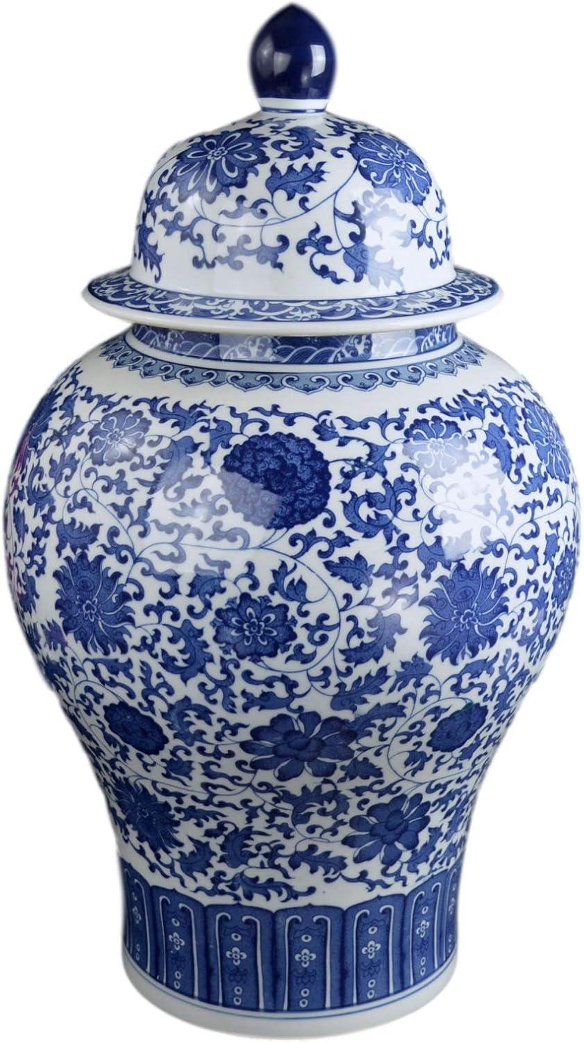 24" Floral Blue & White Porcelain Temple Jar