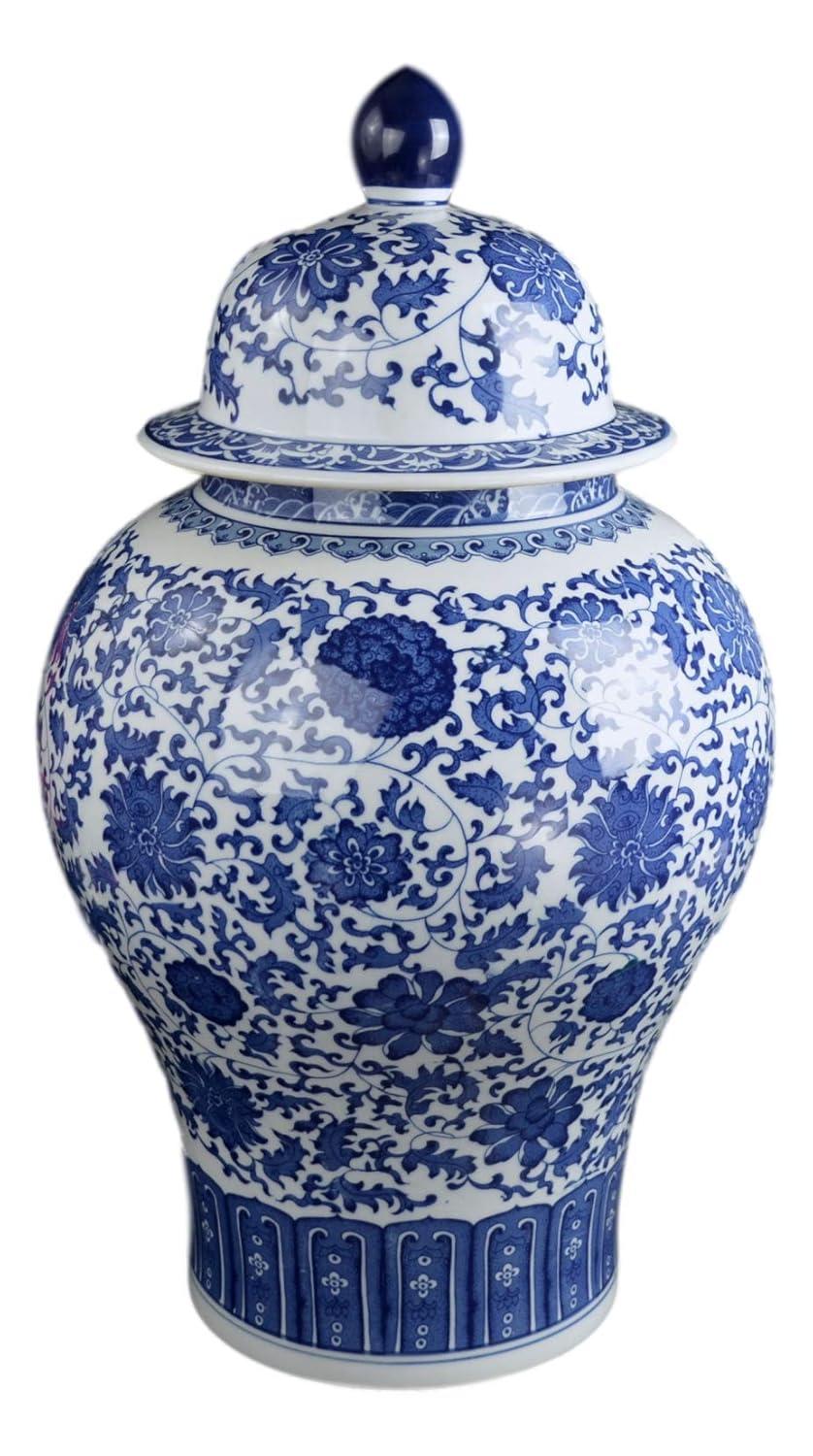 24" Floral Blue & White Porcelain Temple Jar