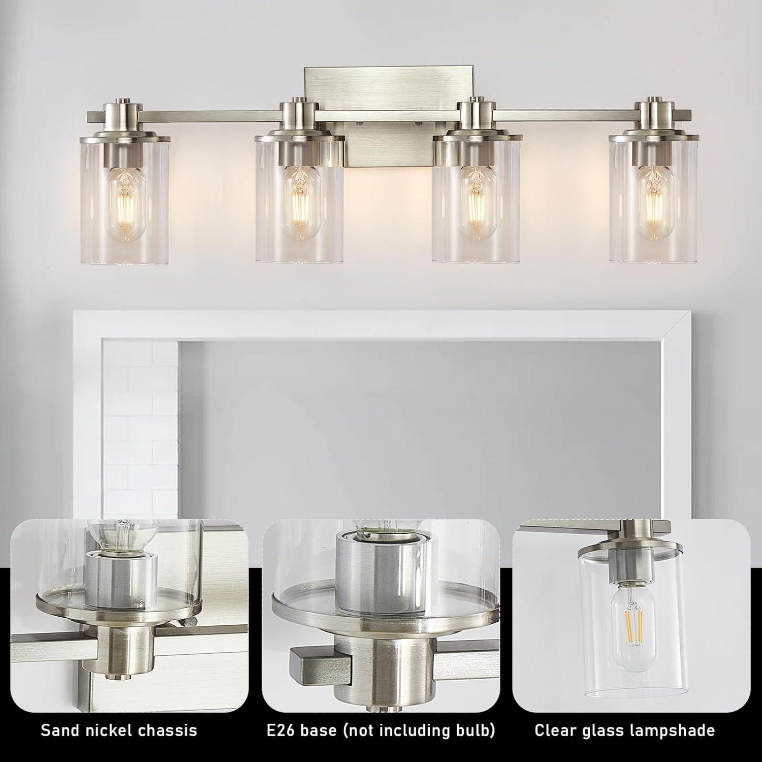 Brushed Nickel 4-Light Bathroom Vanity Fixture with Clear Glass Shades