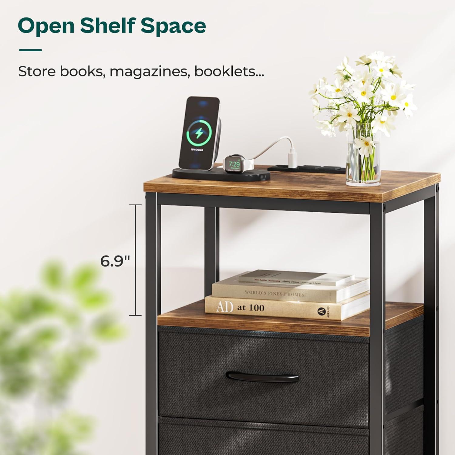 Rustic Brown and Black 2-Drawer Nightstands with Charging Station