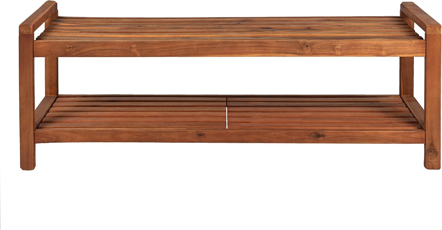 Blane 3-Seat Mid-Century Modern Acacia Wood Slat Outdoor Garden Patio Bench, Teak - JONATHAN Y