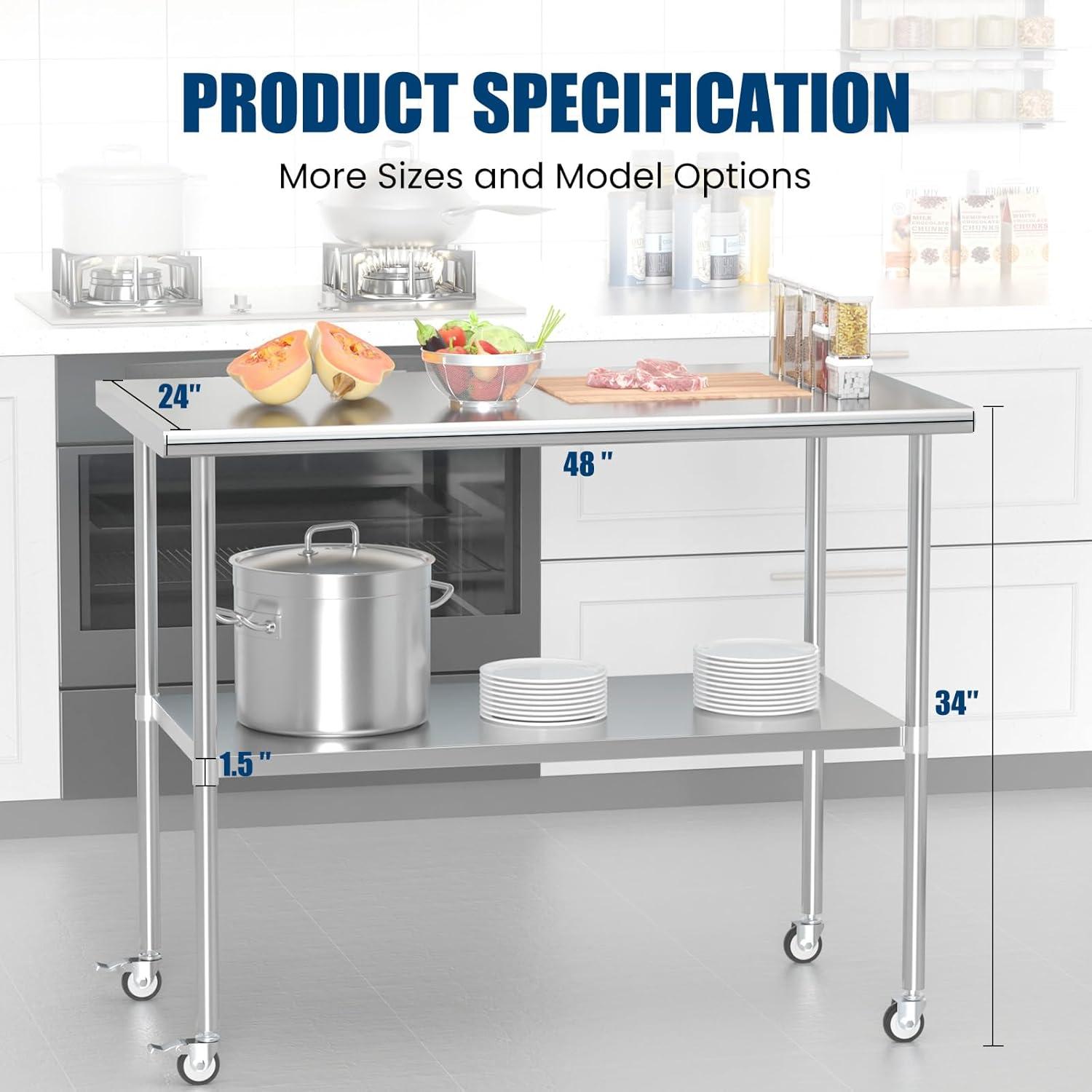 48'' Stainless Steel Work Table with Backsplash and Casters