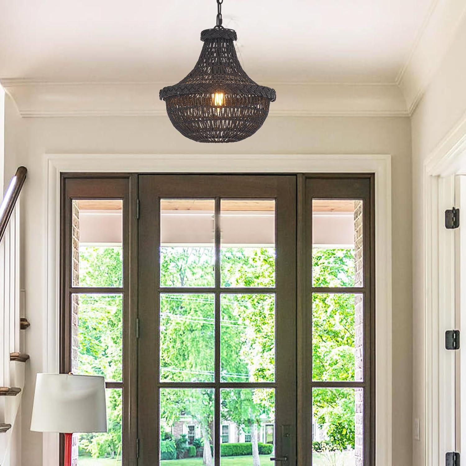 19.69" Boho Black Rattan Chandelier Vintage 4-Lights Farmhouse Hand-Woven Bamboo Basket Chandelier Light Fixture Rustic Wicker Rattan Chandeliers for Dining Room, Kitchen, Living Room