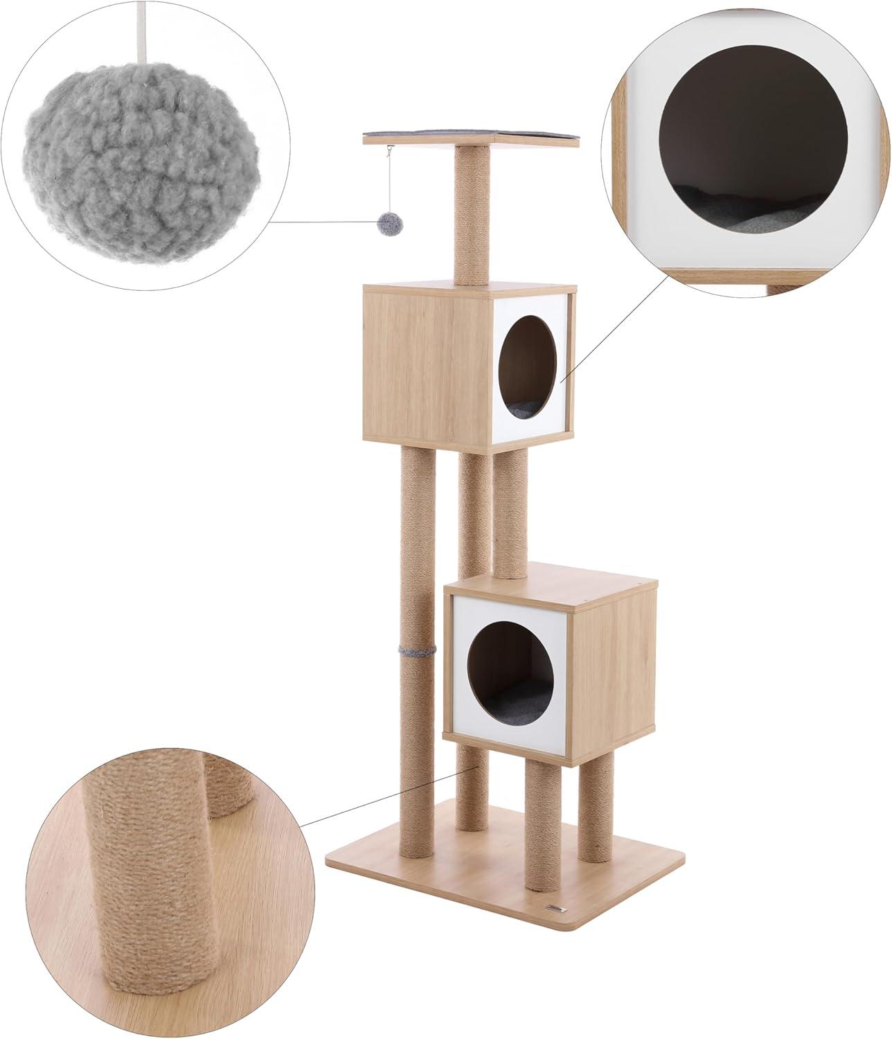 Sawyer 56" 3-Tier Minimalist Jute Cat Tree Condo with Scratching posts, and Fuzzy Toy, Brown/White