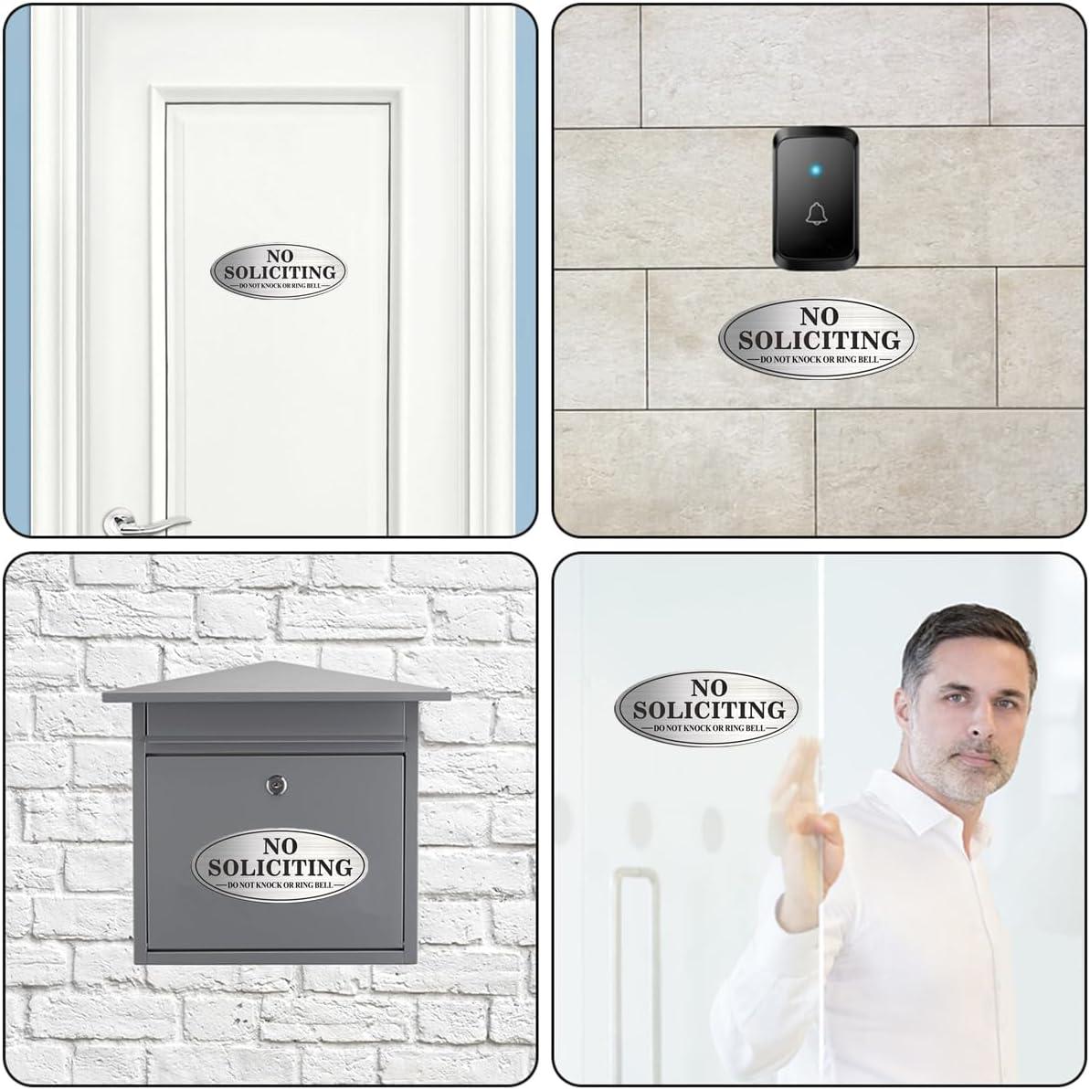 No Soliciting Sign, No Solicitors Sign for Front Door, 2 Pack Self-Adhesive Aluminum Metal No Solitation Do Not Knock or Ring Bell Sign, 7.0 x 3.0 inches Weather Resistant Signs for Home Doorbell Busi