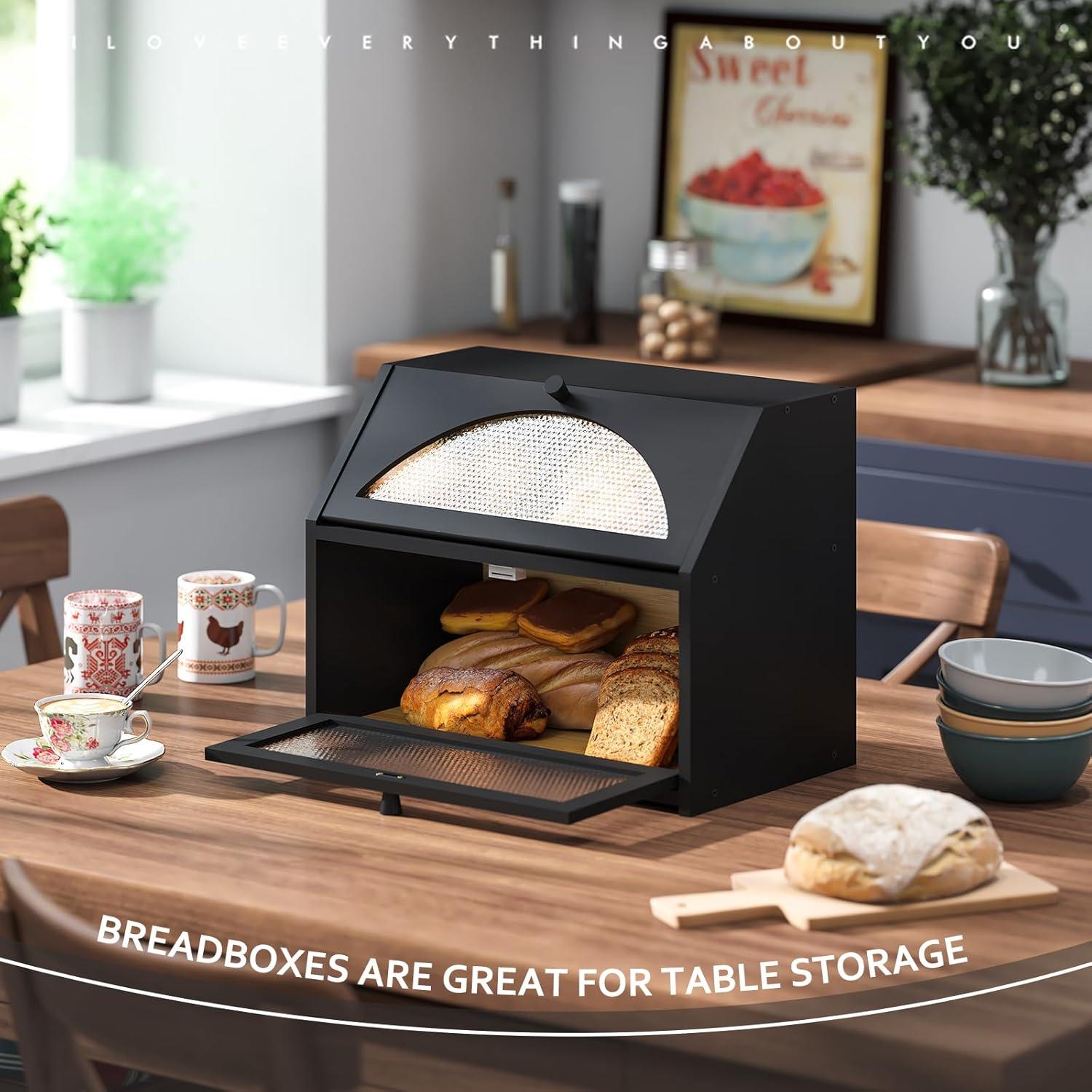 Bread Box For Kitchen Countertop Bin Double Layer Bread Box Storage Container Extra Large Capacity Farmhouse Bread Box With Diamond Pattern Windows