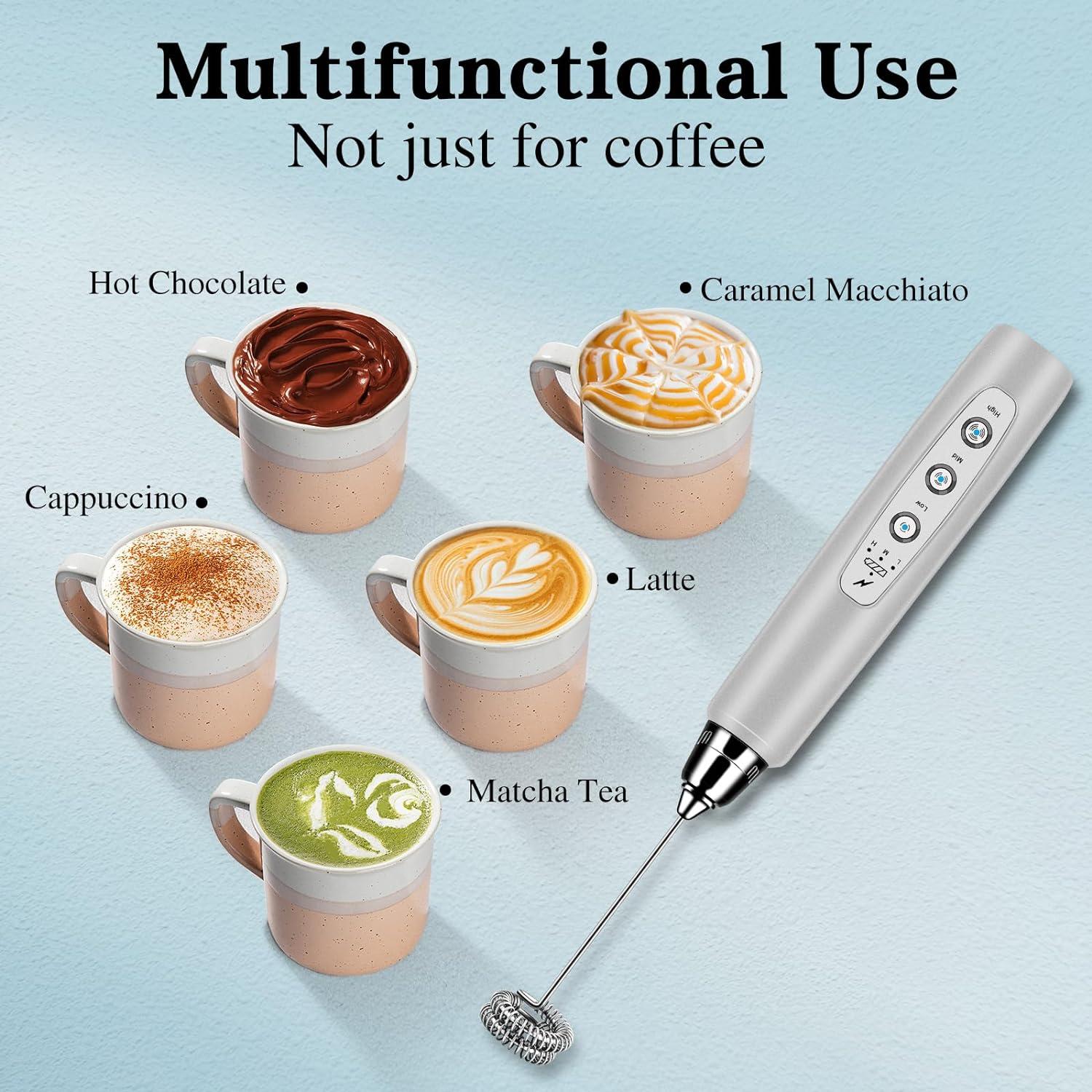 Silver Rechargeable Handheld Milk Frother with 3 Whisks