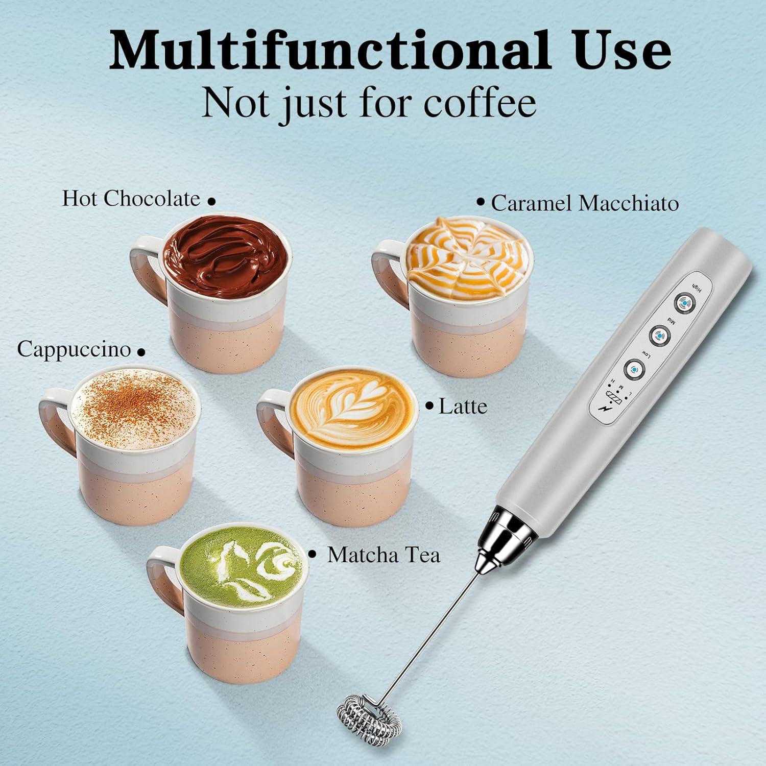 Nahida Silver Milk Frother Wand for Coffee, Frother Handheld Rechargeable Electric Whisk with 3 Heads 3 Speeds Drink Mixer Coffee Frother Foam Maker For Latte, Cappuccino, Hot Chocolate, Egg