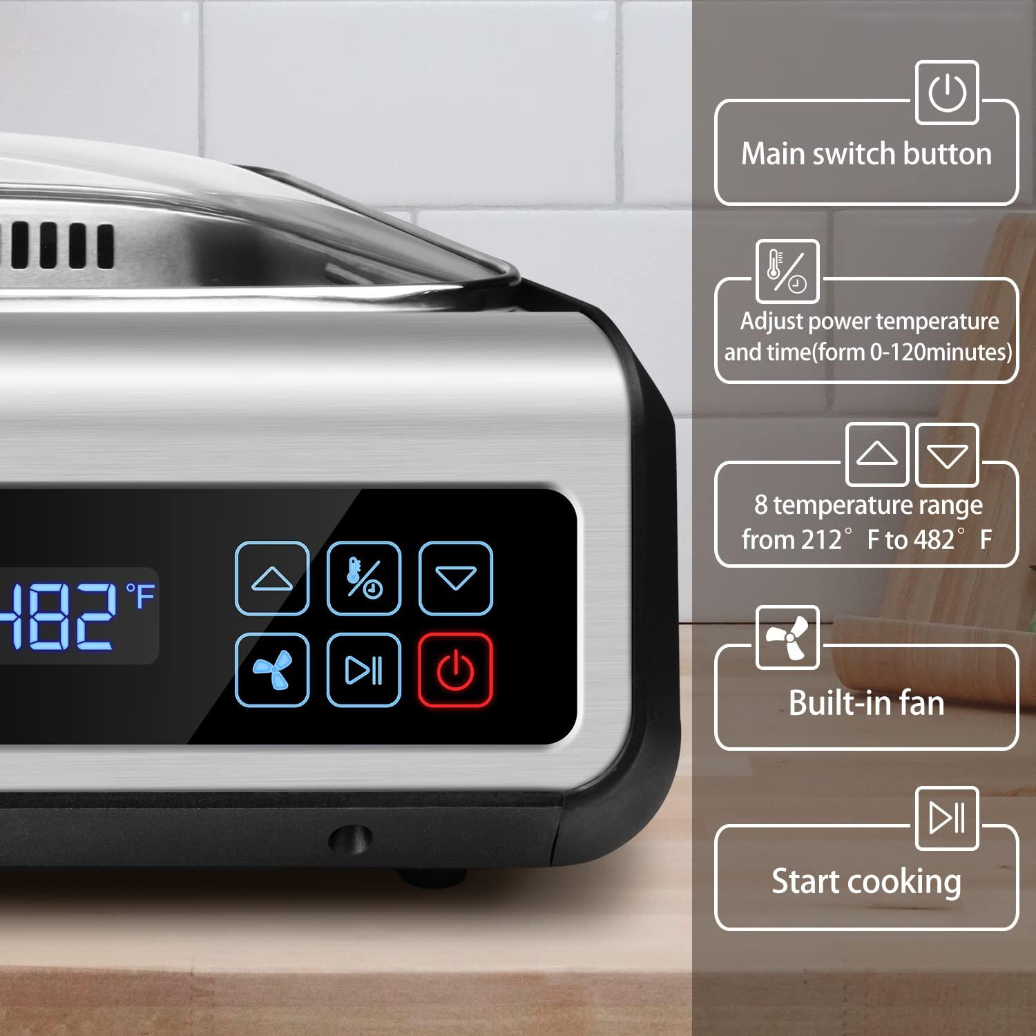 Indoor Smokeless Grill Techwood 1500W Tempered Glass Lid & LED Smart Control Panel, 8-Level Control Korean BBQ with Removable Grill Plate, Stainless Steel (Silver)