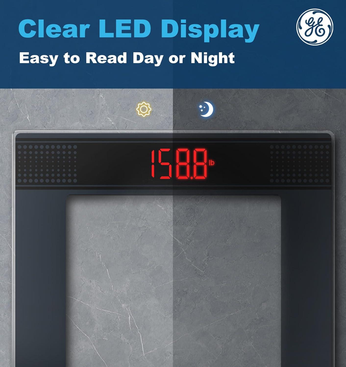GE Bathroom Scale for Body Weight: Highly Accurate Digital Scale Weighing Machine with Clear Tempered Glass, 11.8" Large Platform, Compact Design, LED Display, 400 lbs, 4 Units, with Body Tape Measure