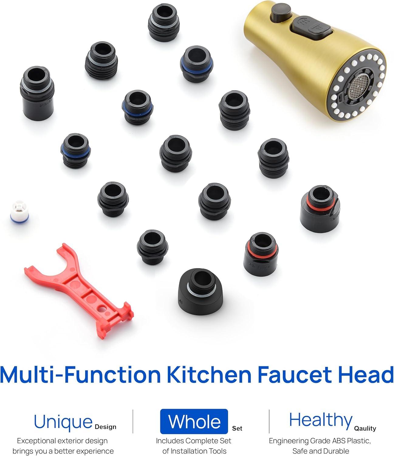 Kitchen Faucet Sprayer Head Replacement - Pull Down Faucet Spray Head with 11 Adapters, Pull Out Faucet Sprayer Nozzle, 3 Function Kitchen Tap Spray Spout Part Connector, Brushed Gold