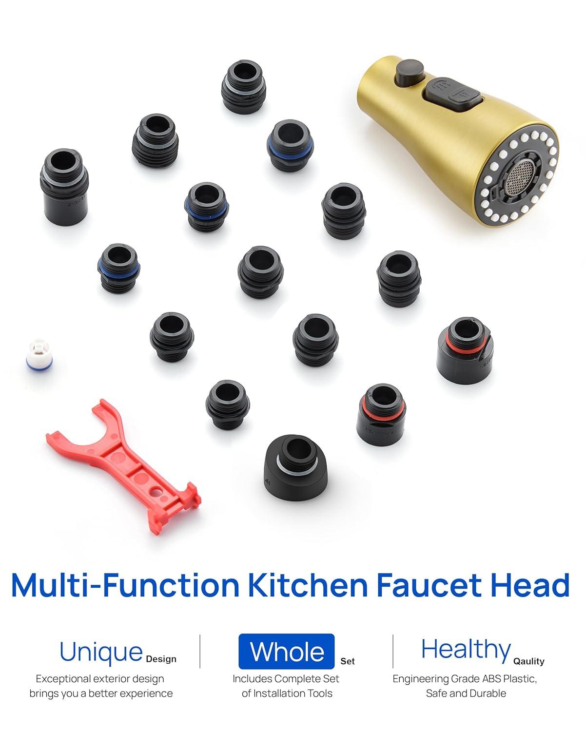 Kitchen Faucet Sprayer Head Replacement - Pull Down Faucet Spray Head with 11 Adapters, Pull Out Faucet Sprayer Nozzle, 3 Function Kitchen Tap Spray Spout Part Connector, Brushed Gold