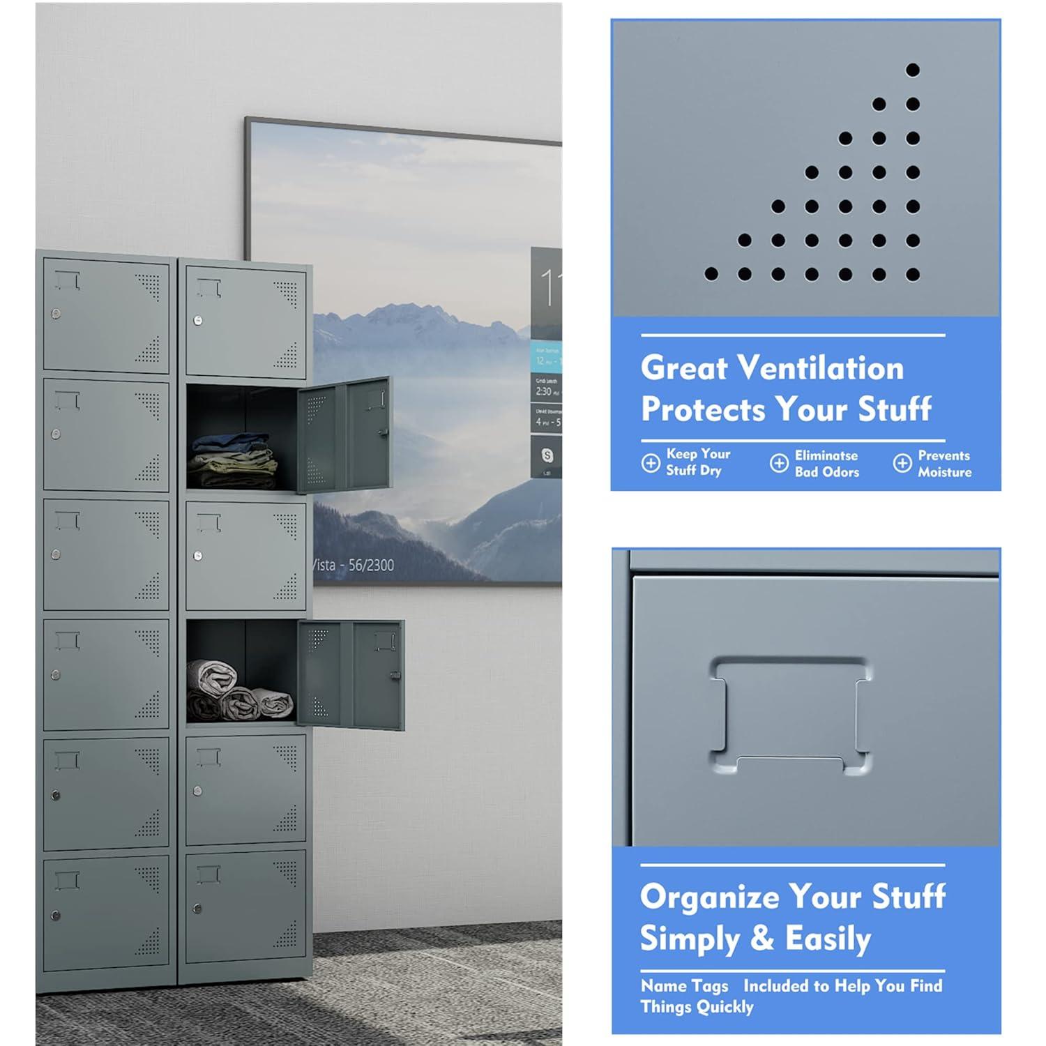 SISESOL Metal Locker Storage Cabinet with Doors and Shelves Metal Lockers with 6 Doors,71" Lockable Small Locker Storage Cabinet for Employees,School, Office, Home, Gym (Gray)